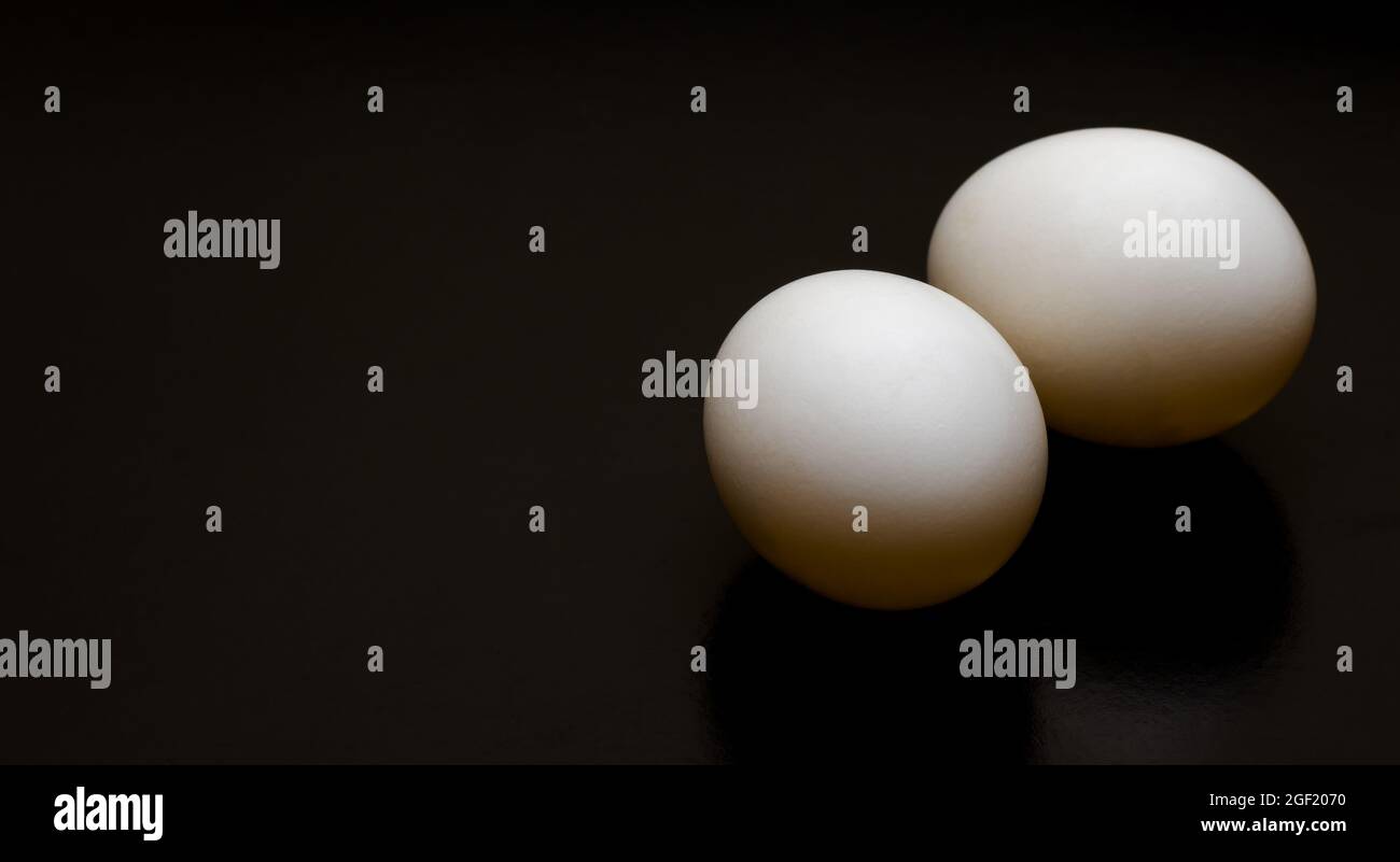Zwei weiße Eier auf einem dunklen Hintergrund mit Kopierraum Stockfoto