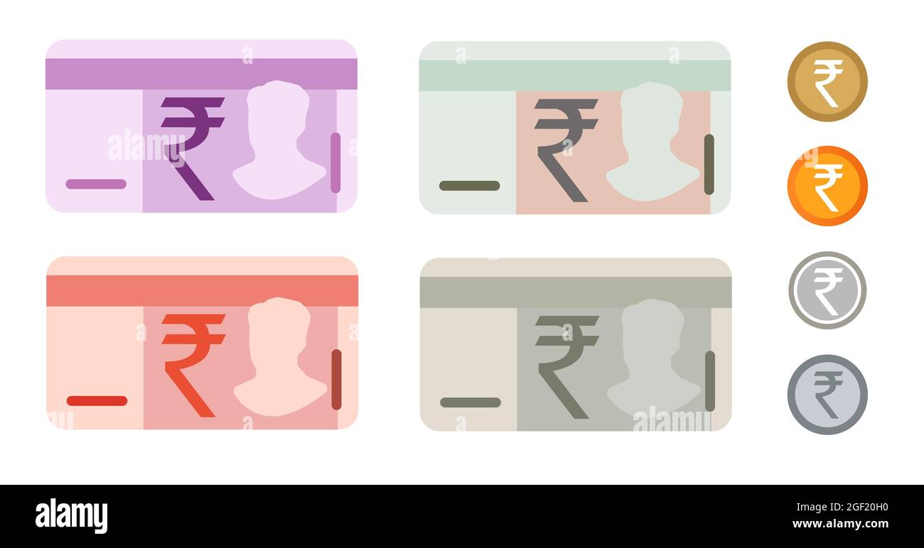 Rupie Indien indische Banknoten Währung Symbol Set Sammlung Papier Geld und Münze Stock Vektor