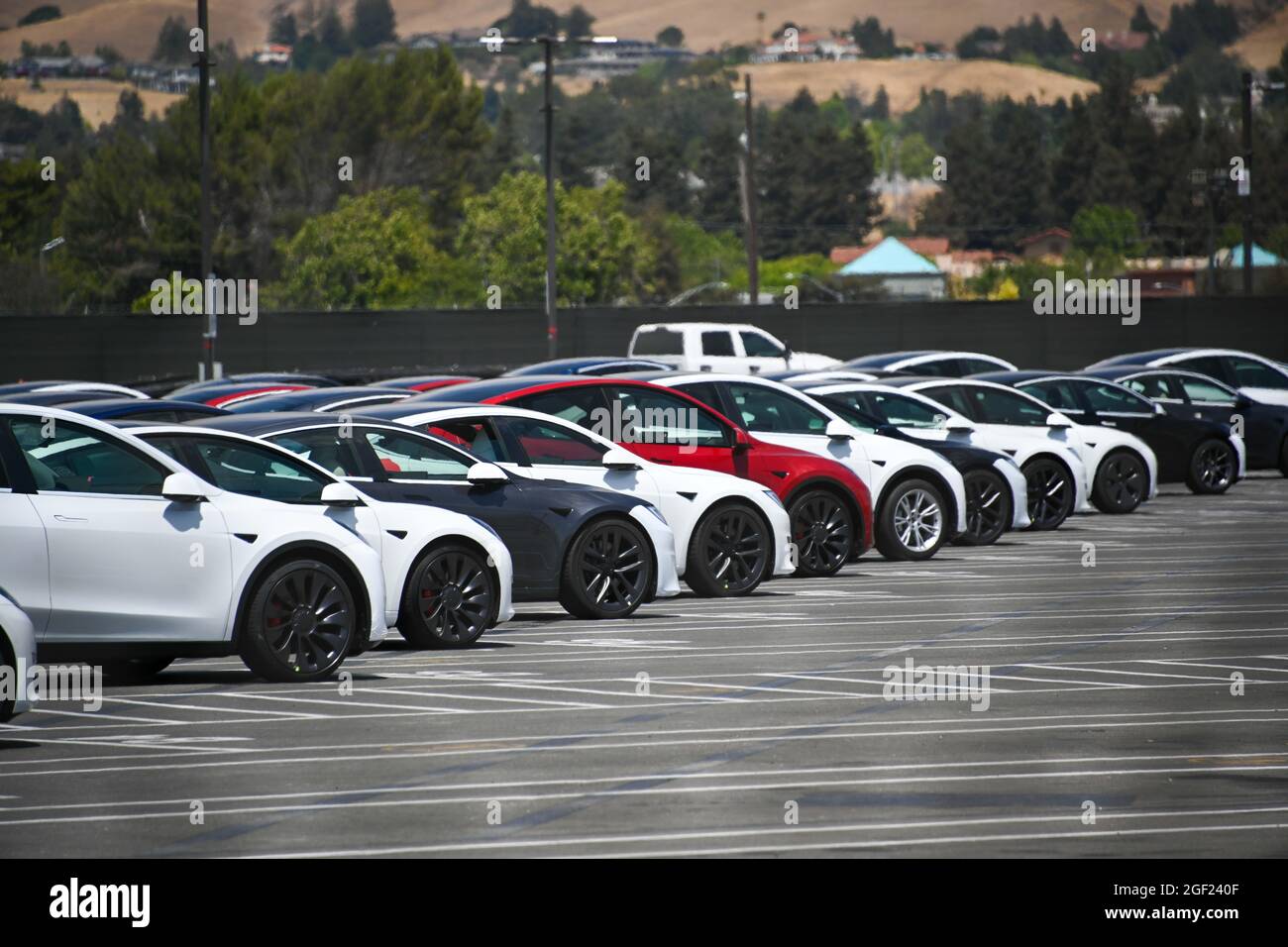Tesla-Fahrzeuge, die am Samstag, 3. Juli 2021, in Fremont, Kalifornien, in der Tesla-Fabrik und in der Firmenzentrale gesehen wurden (Dylan Stewart/Image of Sport) Stockfoto
