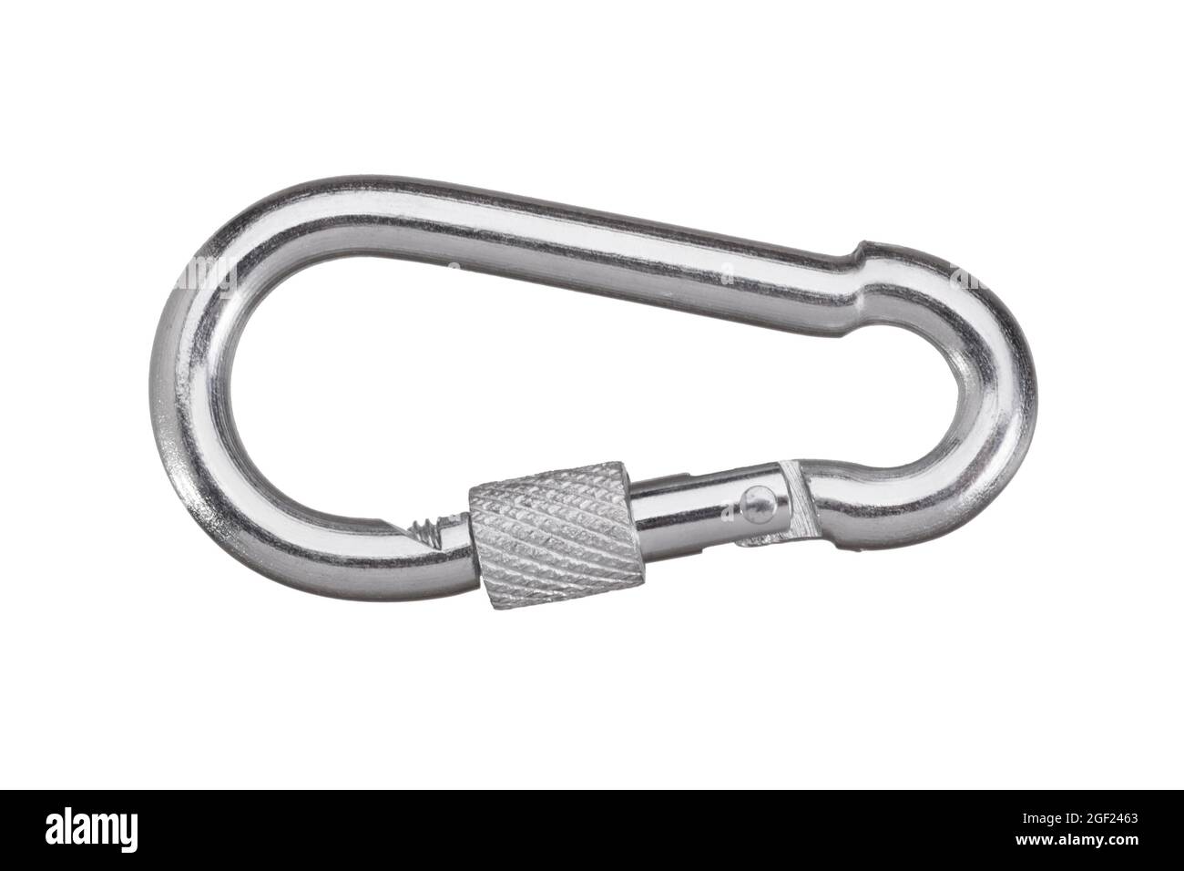 Konstruktion Karabiner mit Schraubverschluss aus Edelstahl isoliert auf weißem Hintergrund. Kompakter Karabiner mit Schraubverschluss Stockfoto