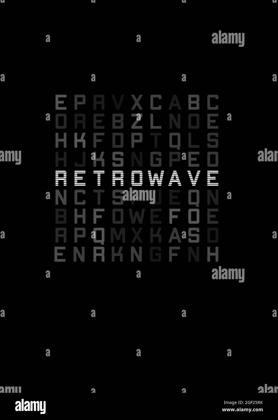 RetroWave T-Shirt und Bekleidungsdesign mit Blöcken aus verschiedenen Buchstaben und gestreiftem Titel RETROWAVE. Die Ästhetik der 1980er Jahre. Schwarz-Weiß-Druck. Vektor Stock Vektor