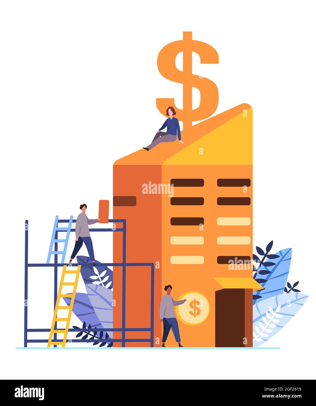 Die Symbole des Kapitalismus, eine Frau steht auf dem Aufbau eines Wirtschaftssystems, in dem Investitionsgüter von Privatpersonen oder Unternehmen gehören Stock Vektor