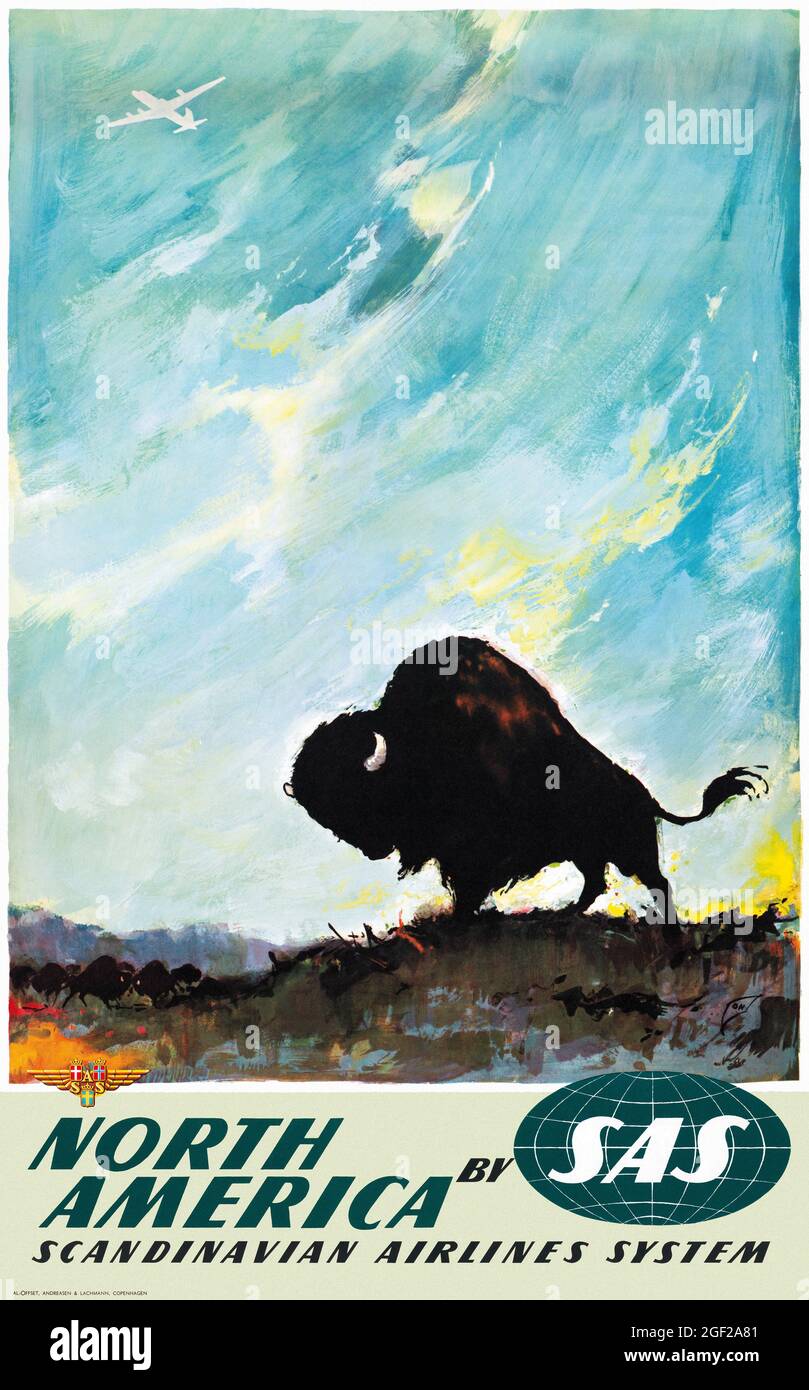 Nordamerika von SAS. Scandinavian Airlines System von Otto Nielsen (1916-2000). Restauriertes Vintage-Poster, das 1960 in Dänemark veröffentlicht wurde. Stockfoto