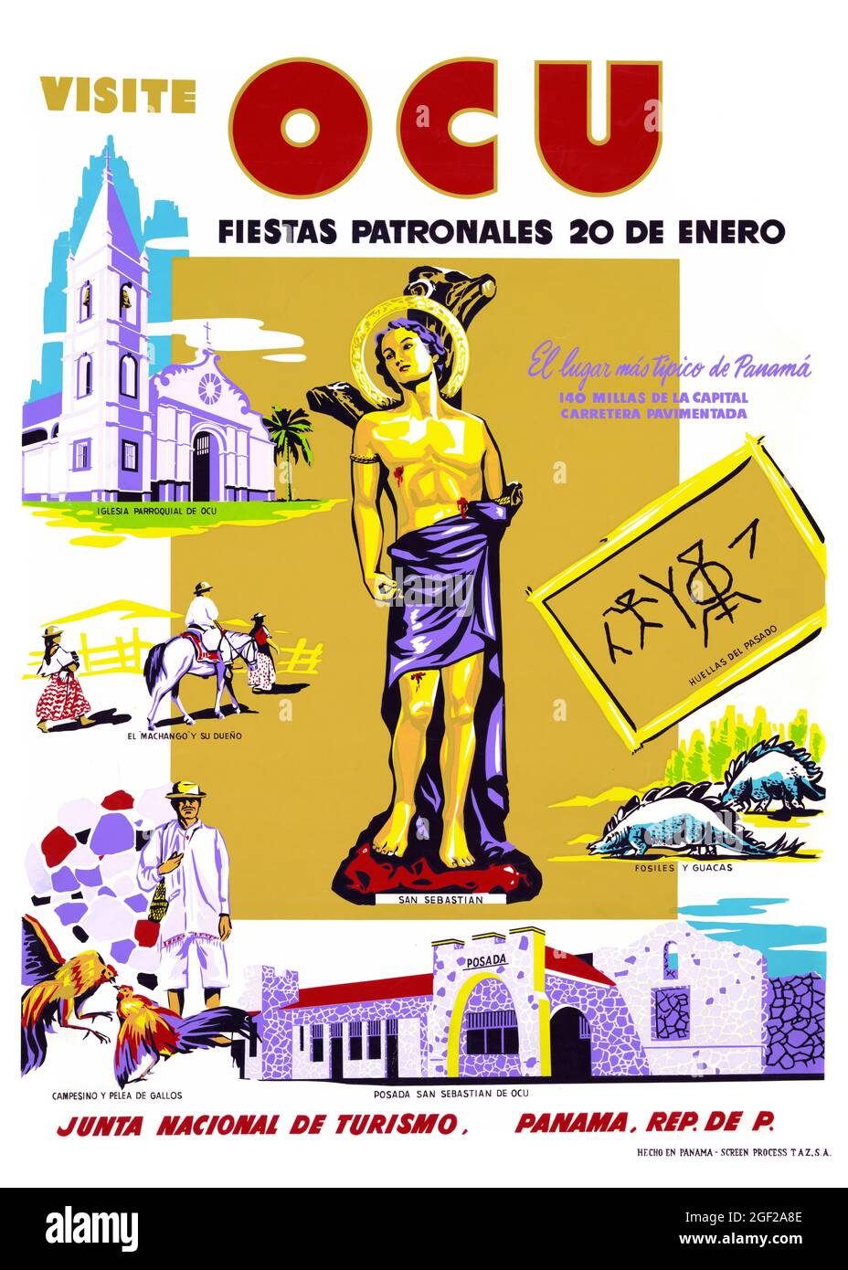 Visite OCU. Fiestas patronales 20 de enero. Künstler unbekannt. Restauriertes Vintage-Poster, das 1940 in Panama veröffentlicht wurde. Stockfoto