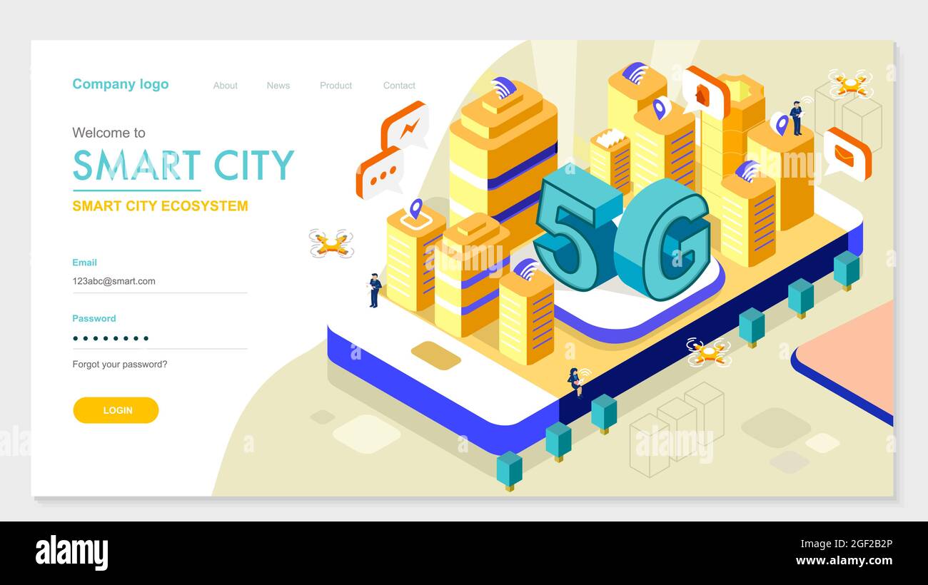 5G Smart City Zukunft abstrakt oder Metropole.Intelligentes Gebäudeautomationssystem Geschäftskonzept.isometrischer Raum mit verbundenen Punkten und Linien. Stock Vektor