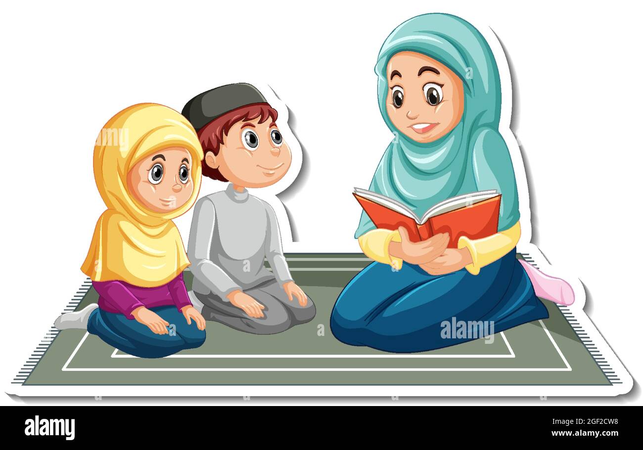 Eine Stickervorlage mit muslimischer Mutter, die ein Buch vor ihren Kindern liest Stock Vektor