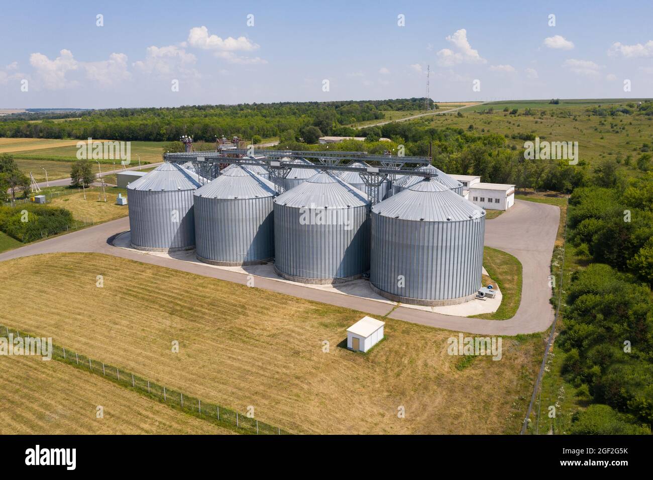 Luftaufnahme von landwirtschaftlichen Silos, Getreideaufzug zur Lagerung und Trocknung von Getreide Stockfoto