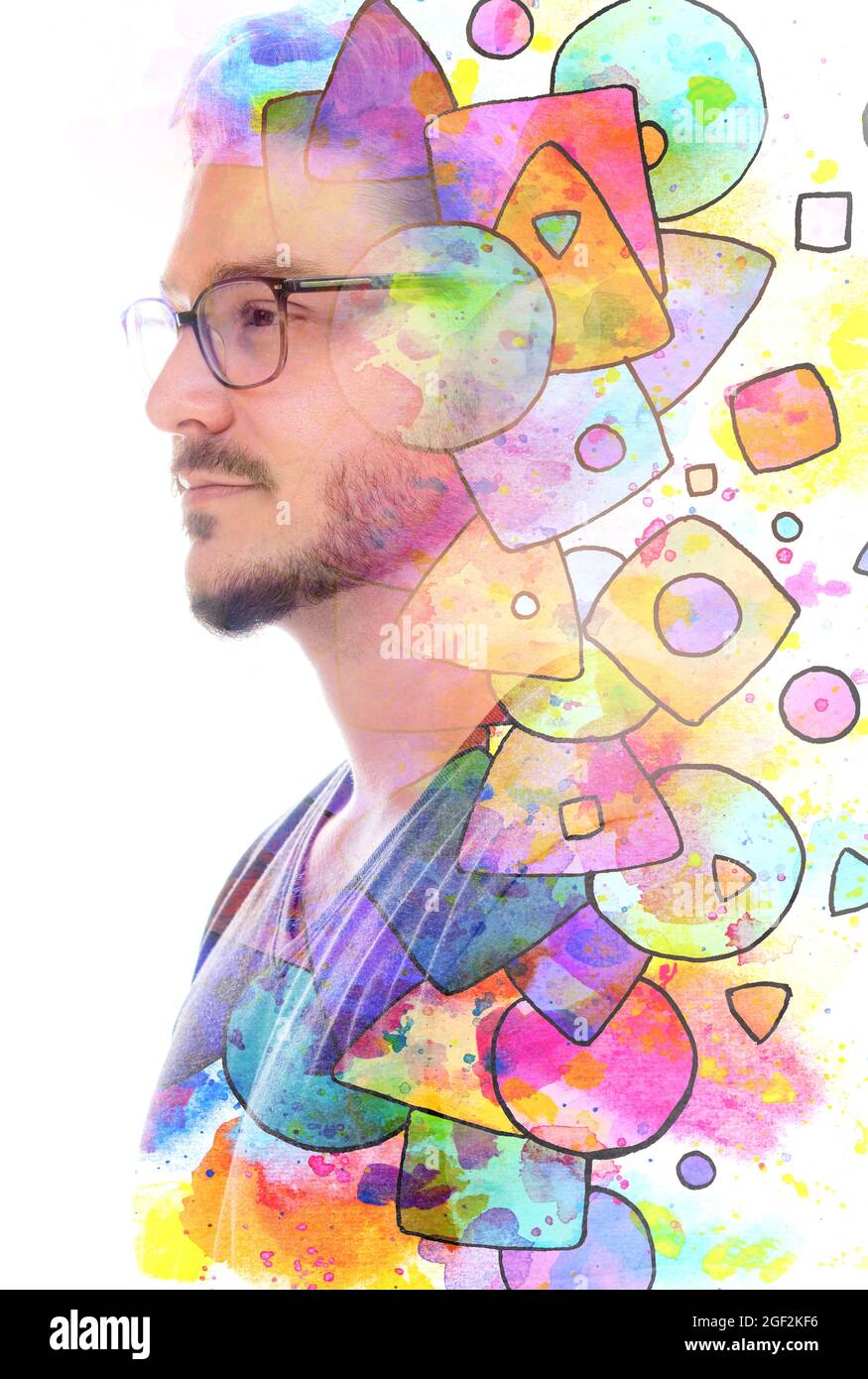 Paintographie. Ein Porträt ein junger Mann mit Brille kombiniert mit geometrischen Formen Stockfoto