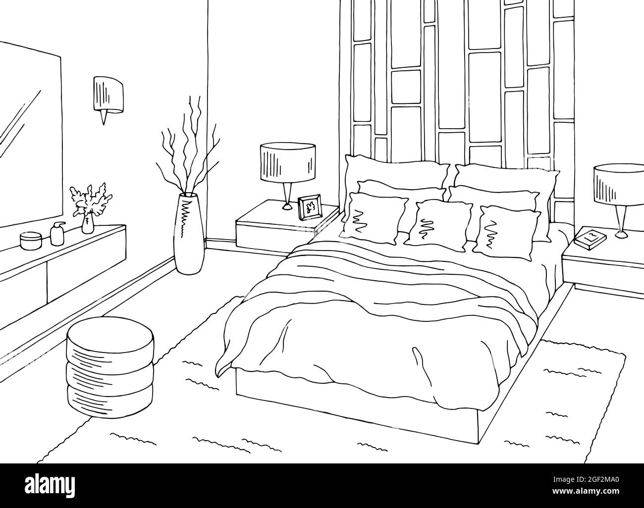 Schlafzimmer Grafik schwarz weiß Innenraum Skizze Illustration Vektor Stock Vektor