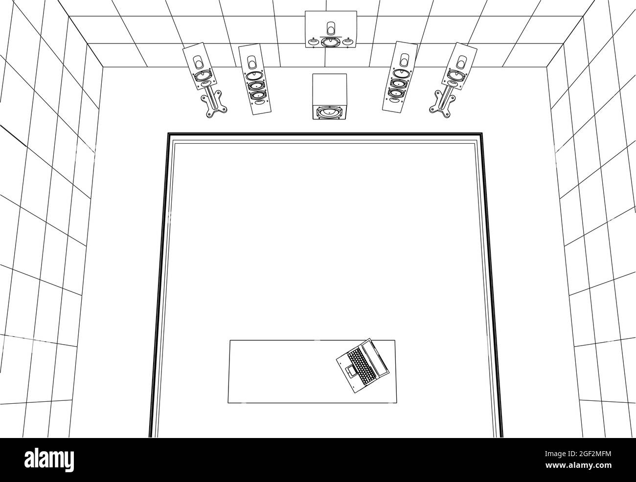Kontur eines Aufzeichnungsraums mit Geräten aus schwarzen Linien auf weißem Hintergrund isoliert. Sound-Lautsprecher und Laptop auf dem Tisch. 3D. Vektor illustrr Stock Vektor