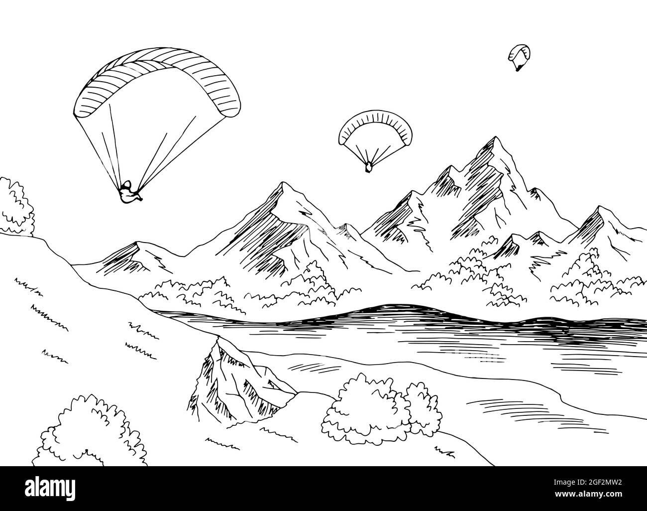 Gleitschirm fliegen Berg Fluss Grafik schwarz weiß Landschaft Skizze Illustration Vektor Stock Vektor