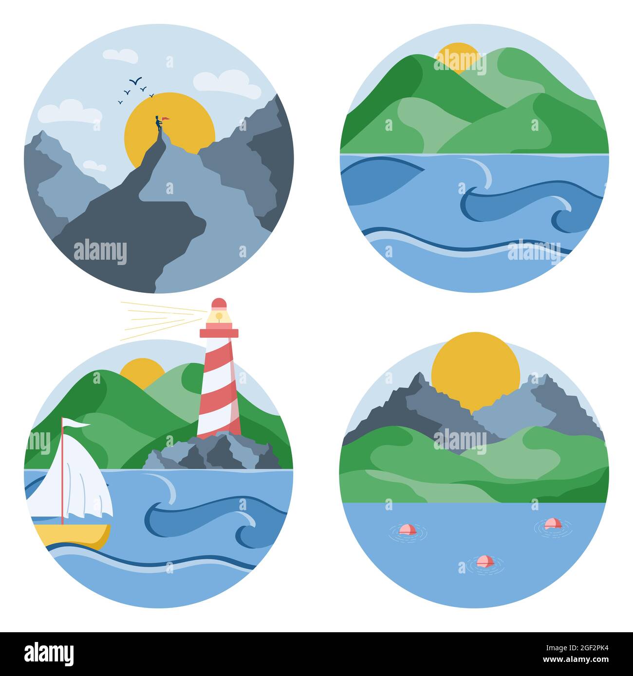 Kreissymbole von Sommerlandschaften mit verschiedenen Aussichten auf Meer, Berge und Hügel. Vektorgrafik in einem flachen Stil. Stock Vektor