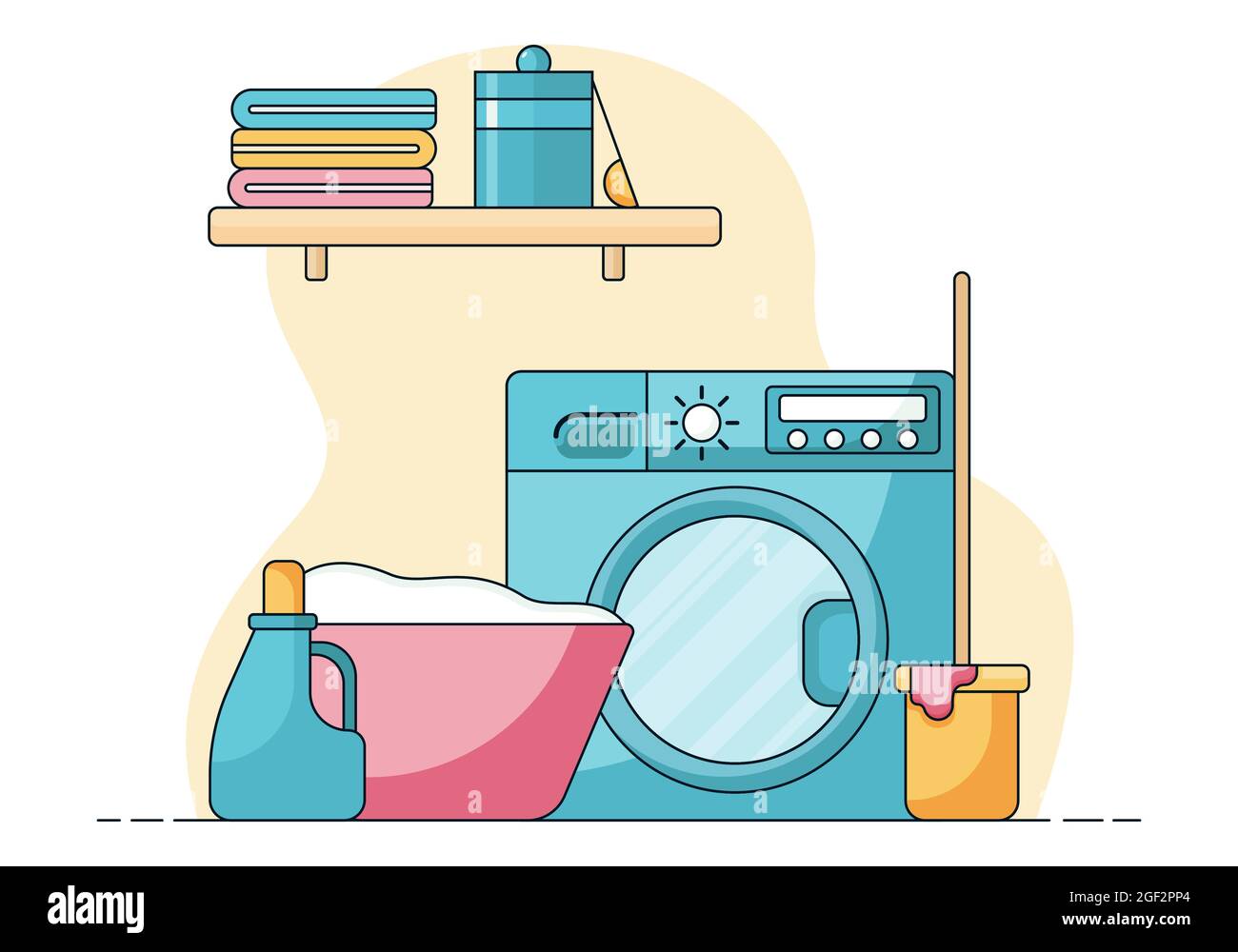 Housekeeping-Konzept, Korb mit schmutziger Kleidung und Flüssigseife vor einer Waschmaschine. Cartoon-Illustration mit Reinigungsprodukten, Mopp und Stock Vektor