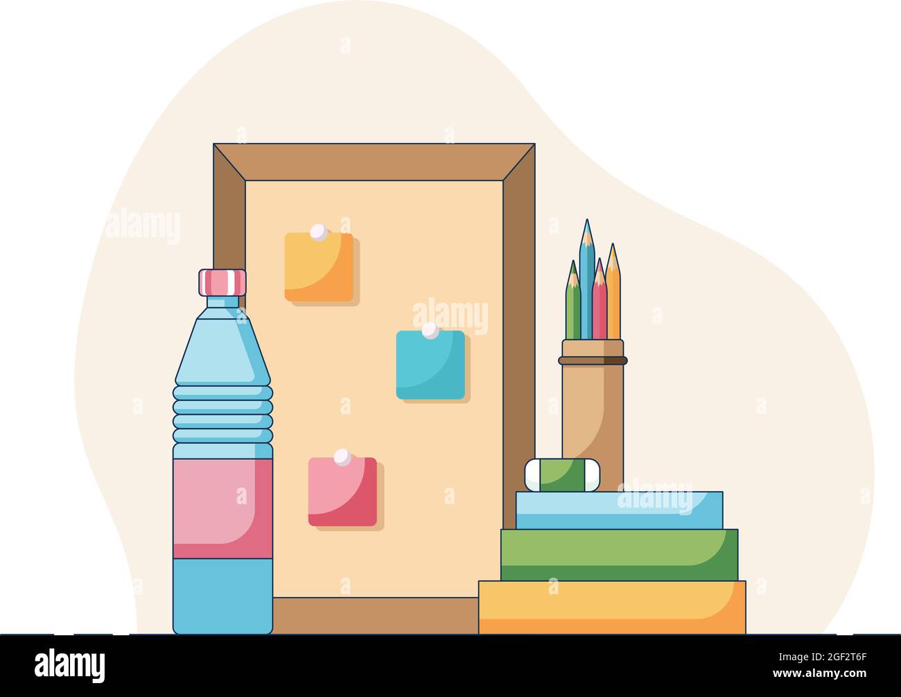 Cartoon Home Office Arbeit oder Studium, Flasche Wasser vor Notizen auf dem Deck, Stifte und Gummi auf den Büchern. Stock Vektor