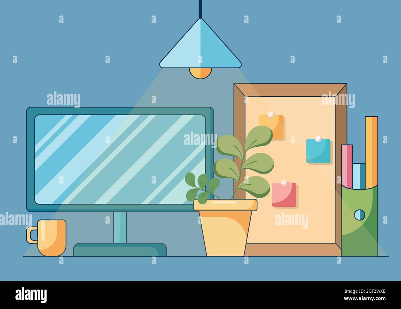 Cartoon Home Office Arbeit oder Online-Studium am Computer. Konzept eines abgelegenen Arbeitsplatzes in flachem Stil, isoliert auf blauem Hintergrund. Stock Vektor