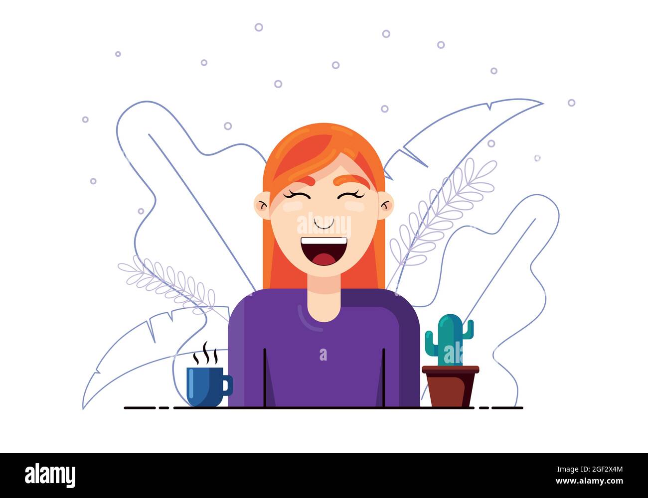 Frauen Cartoon-Figur mit Tasse Kaffee und Kaktus in der Pfanne. Blumenumrandung Blätter isoliert auf einem weißen Hintergrund. Vektorgrafik in einer flachen Stock Vektor