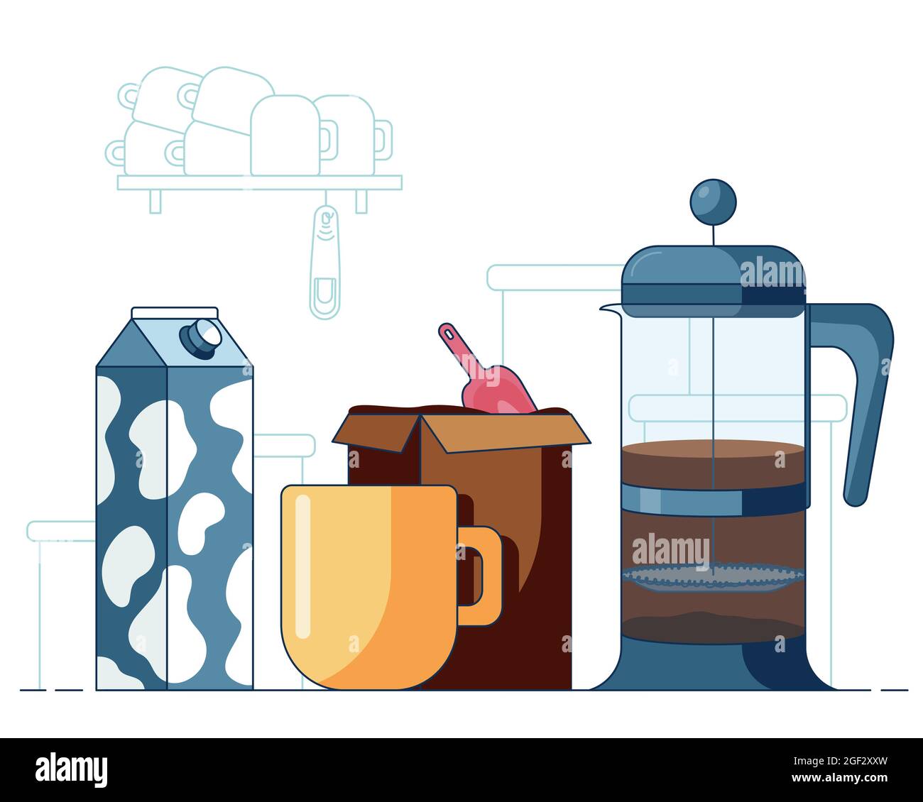 Tasse mit heißem Kaffee aus der französischen Presse, Box mit Kaffee und Milch vor dem einfachen Kücheninnenraum. Cartoon-Vektor-Illustration in einem flachen Stil Stock Vektor