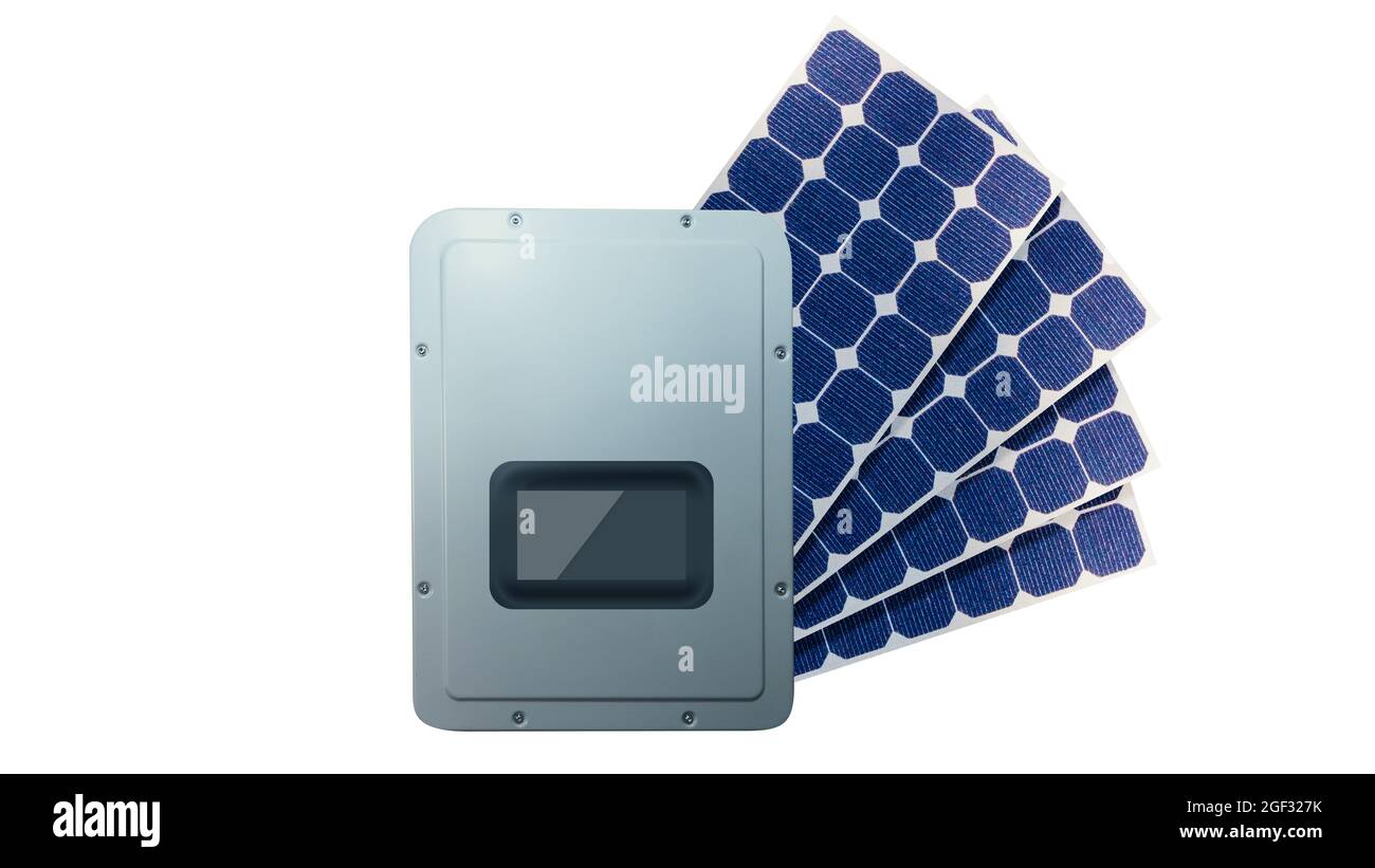 Solar-Photovoltaik-Panels und inversor 3d isoliert auf weißem Hintergrund. Platz für Text Stockfoto
