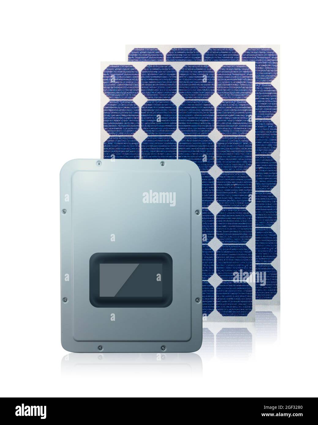 Solar-Photovoltaik-Panels und inversor 3d isoliert auf weißem Hintergrund. Platz für Text Stockfoto