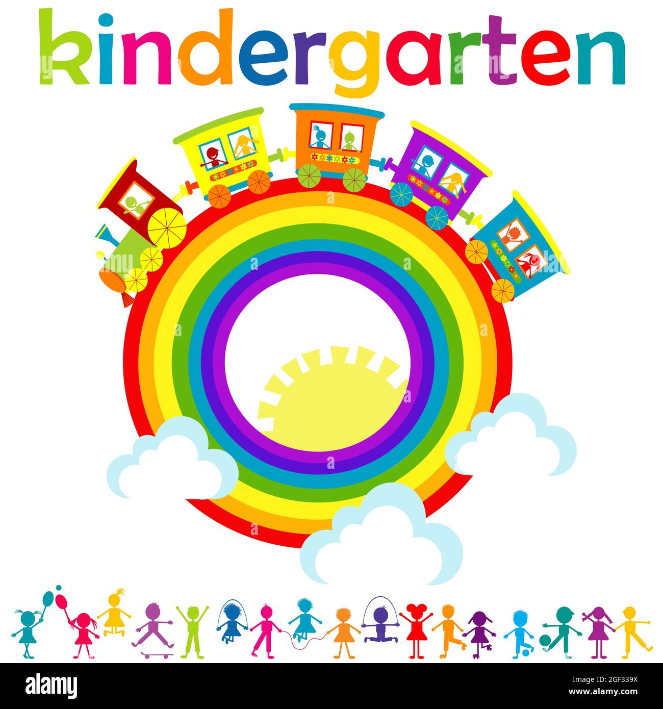 Kindergartenplakat mit Kindern und Cartoon-Zug über Regenbogen Stock Vektor