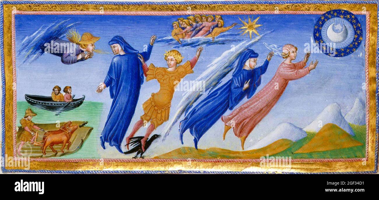 DANTE UND BEATRICE BESUCHEN DEN HIMMEL mittelalterliche Illustration zu Dantes Divina Commedia Stockfoto