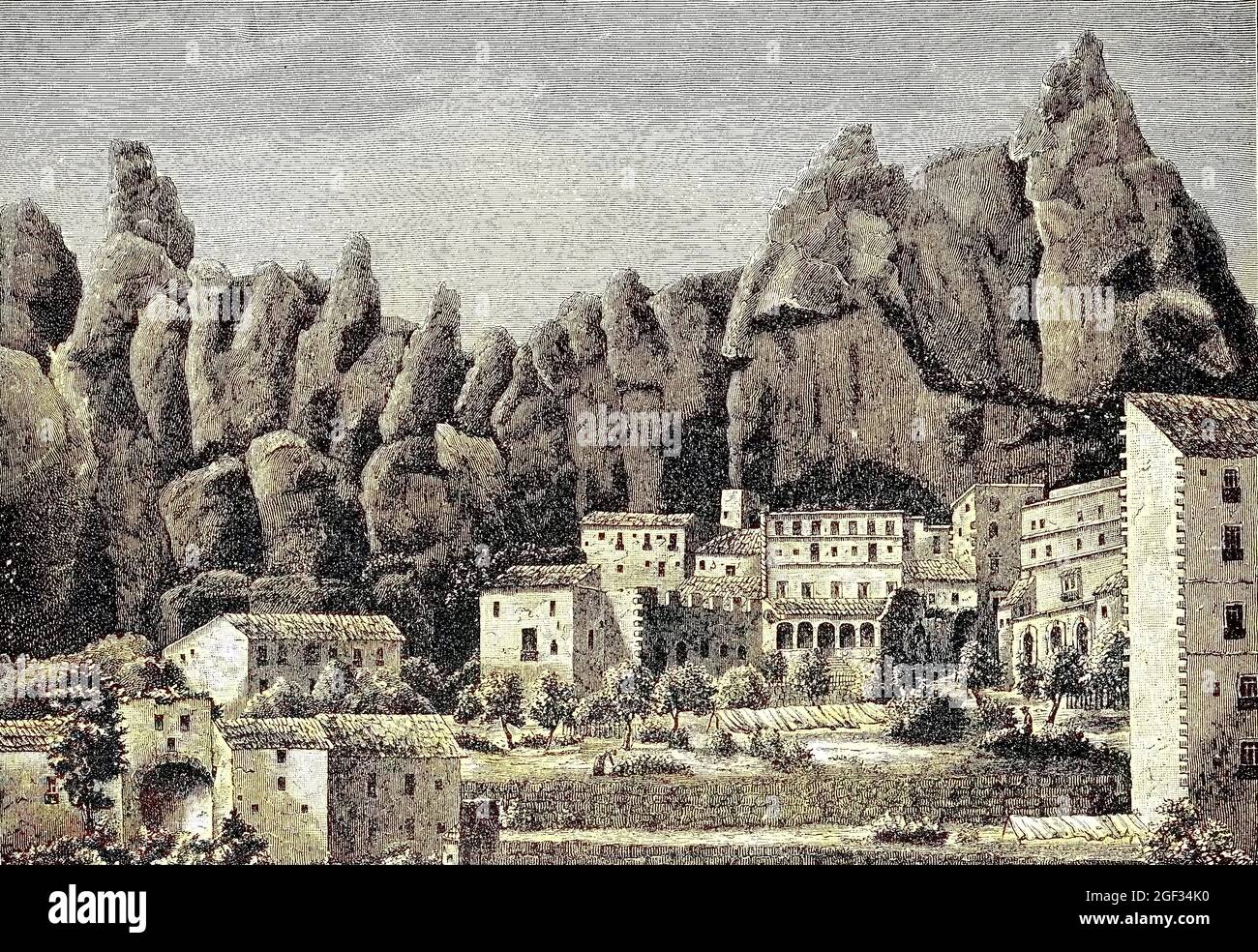 Santa Maria de Montserrat, eine Benediktinerabtei auf dem Berg Montserrat, in Monistrol de Montserrat, in Katalonien, Spanien. Kloster Montserrat, Spanien, digital verbesserte Reproduktion eines Originaldrucks aus dem Jahr 1881, koloriert, Kolorierung, koloriert, handkoloriert, Handfärbung, handfarbig, farbig, Stockfoto