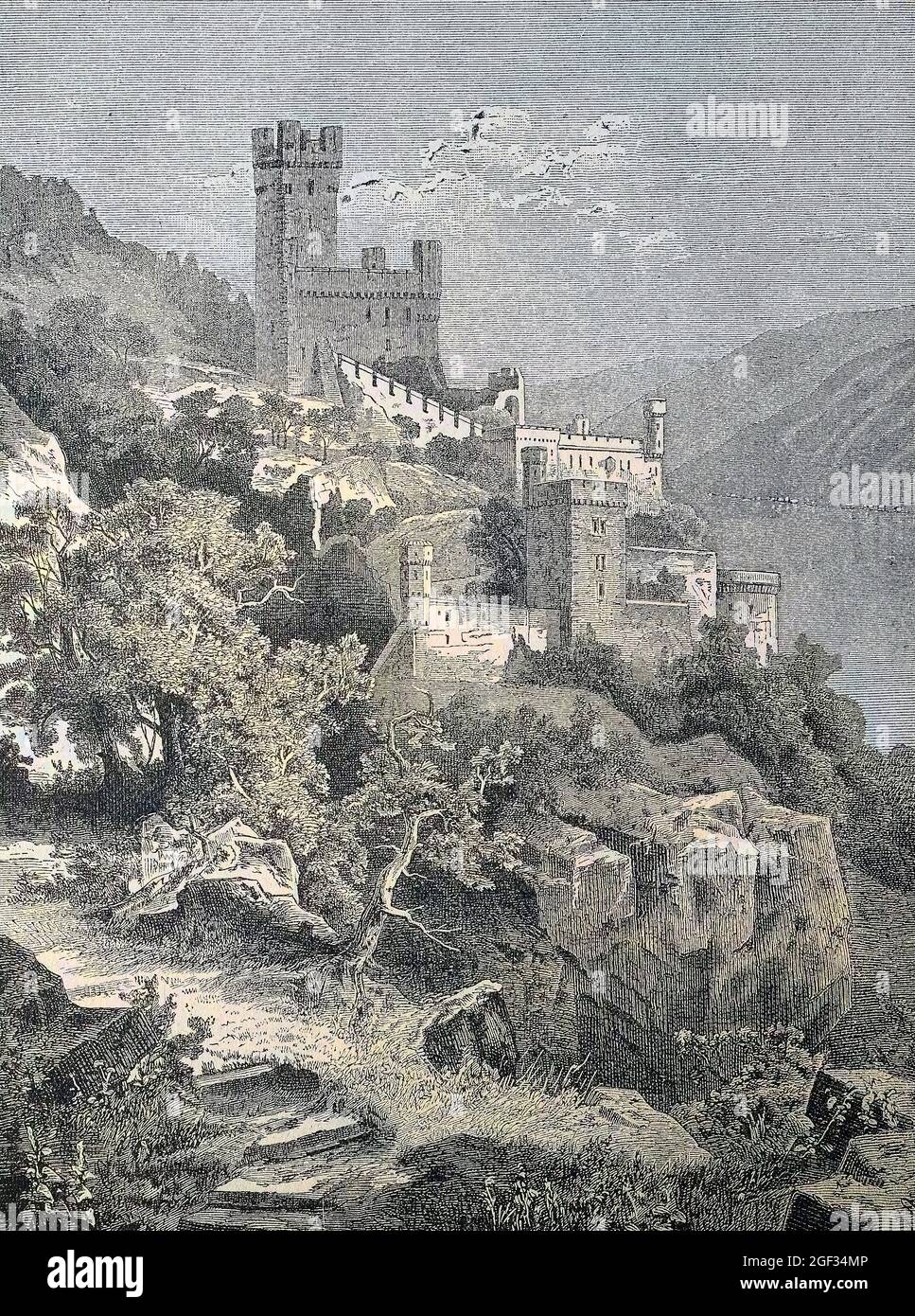 Schloss Sooneck, Saneck oder Sonneck, Schloss Sonneck, ein Schloss im oberen Mitteltal des Rheins, im Landkreis Mainz-Bingen in Rheinland-Pfalz, Deutschland. Burg Sonneck am Rhein, digital verbesserte Reproduktion eines Originaldrucks aus dem Jahr 1881, koloriert, Kolorierung, koloriert, handkoloriert, Handfärbung, handfarbig, farbig, Stockfoto Schloss Sooneck, Saneck oder Sonneck, Schloss Sonneck, ein Schloss im oberen Mitteltal des Rheins, im Landkreis Mainz-Bingen in Rheinland-Pfalz, Deutschland. Burg Sonneck am Rhein, digital verbesserte Reproduktion eines Originaldrucks aus dem Jahr 1881, koloriert, Kolorierung, koloriert, handkoloriert, Handfärbung, handfarbig, farbig, Stockfoto