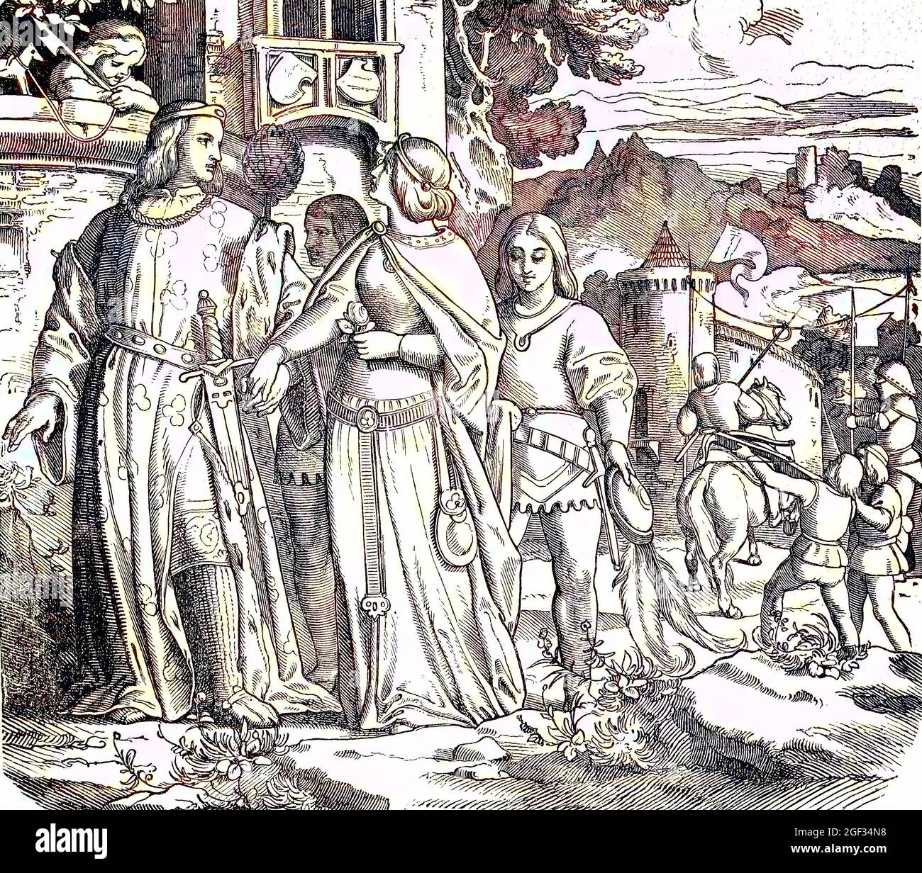 Szene aus dem Leben auf einer Ritterburg, Szene aus dem Leben auf einer Ritterburg, digital verbesserte Reproduktion eines Originaldrucks aus dem Jahr 1881, koloriert, Kolorierung, koloriert, handkoloriert, Handfärbung, handfarbig, farbig, Stockfoto