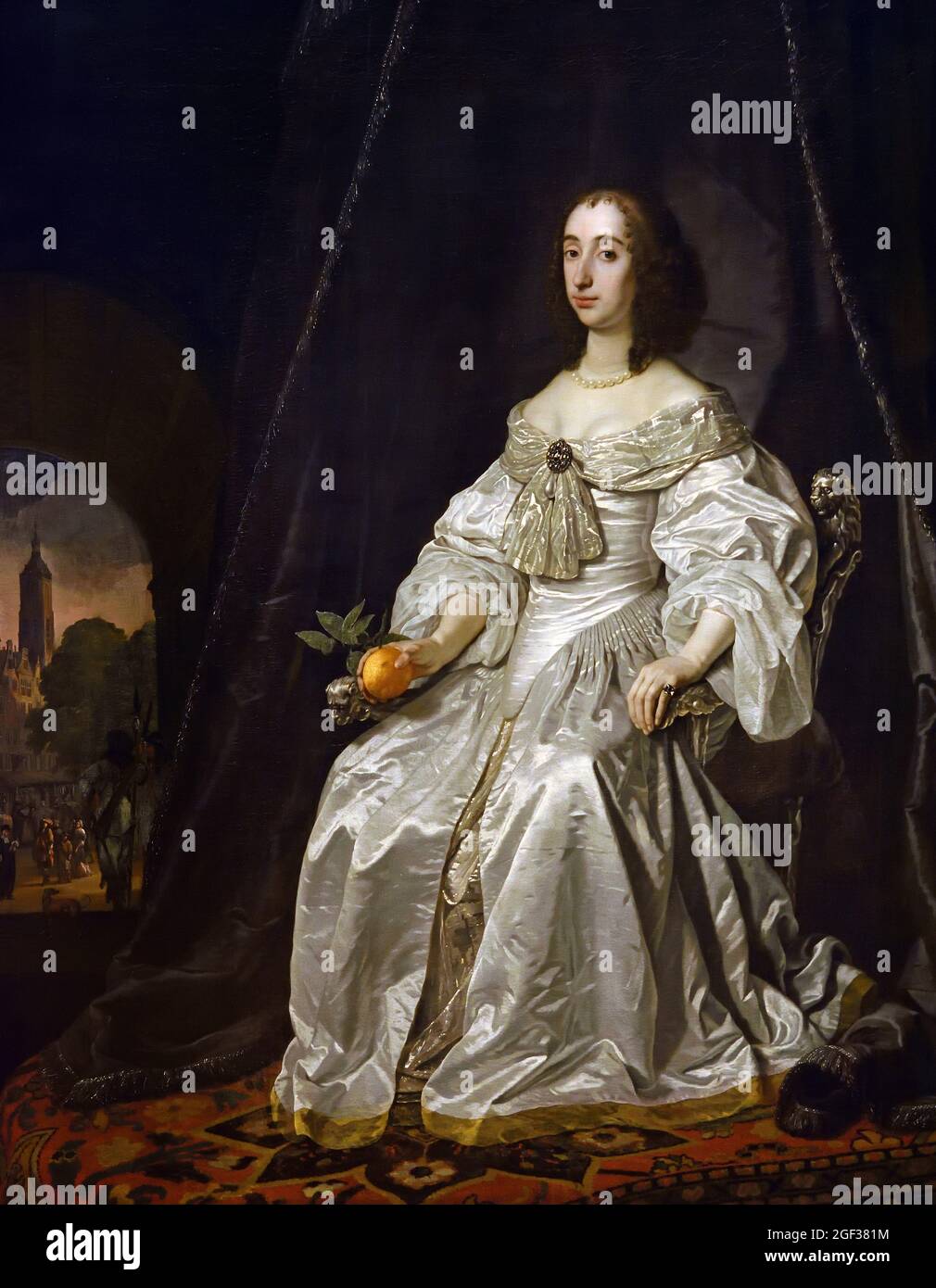 Mary Stuart, Prinzessin von Oranien, als Witwe von Wilhelm II., 1652 von Bartholomeus van der Helst, Öl auf Leinwand, Weiß ist die Farbe der Trauer für Menschen von königlichem Blut. Ihr Mann, der Stadtholder Wilhelm II., starb 1650 an Pocken. Zwei Jahre später porträtierte er als seine Witwe, die eine Orange in der Hand hielt, um auf das Haus von Orange Bezug zu nehmen. Hintergrund Stadtholdertor des Binnenhofs mit Blick auf Den Haag. Niederländisch, Niederlande. Stockfoto