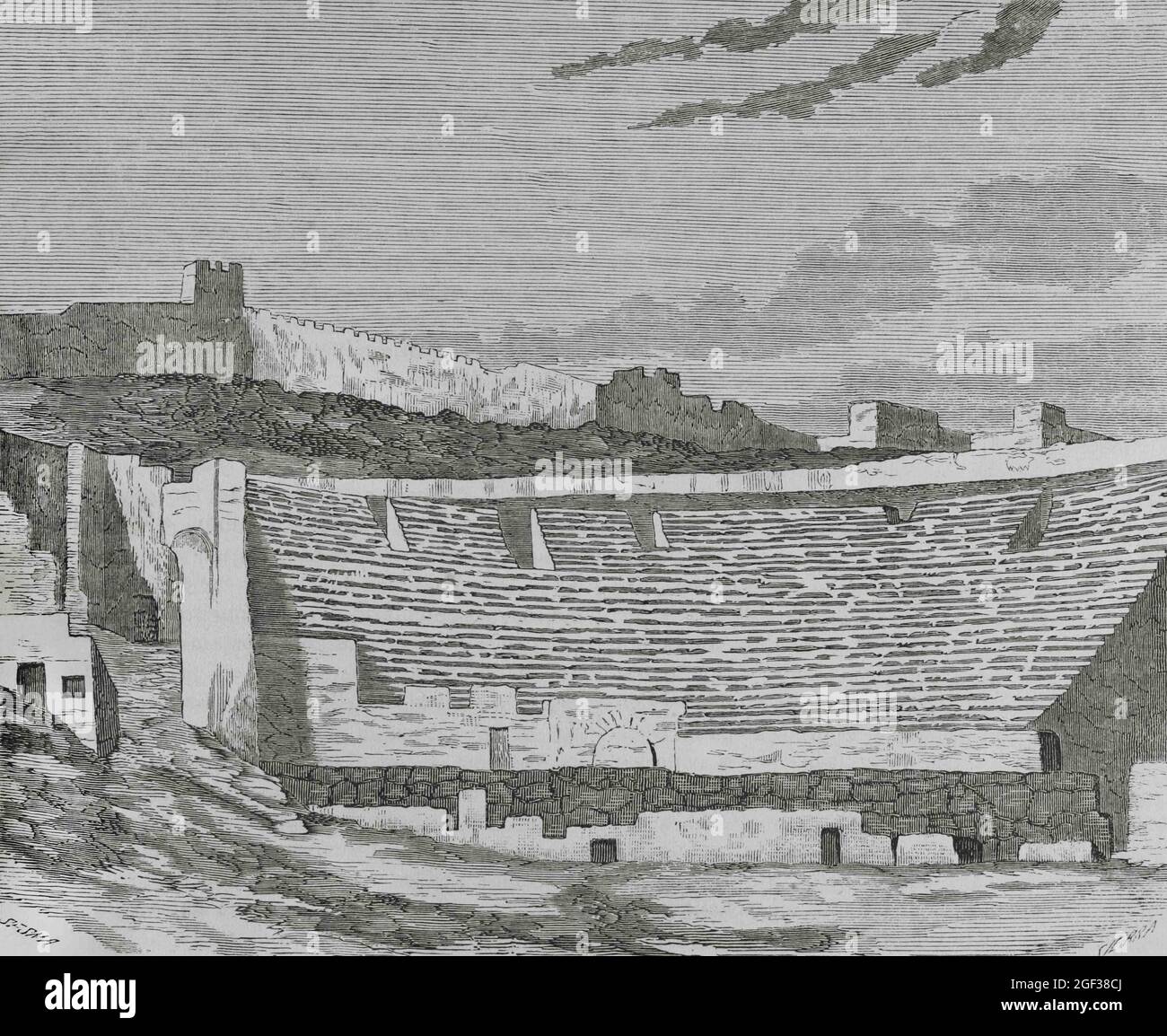 Spanien, Provinz Valencia, Sagunto. Blick auf die Ruinen des römischen Theaters. Illustration von Sesma. Stich von Sierra, 19. Jahrhundert. Cronica Genera Stockfoto