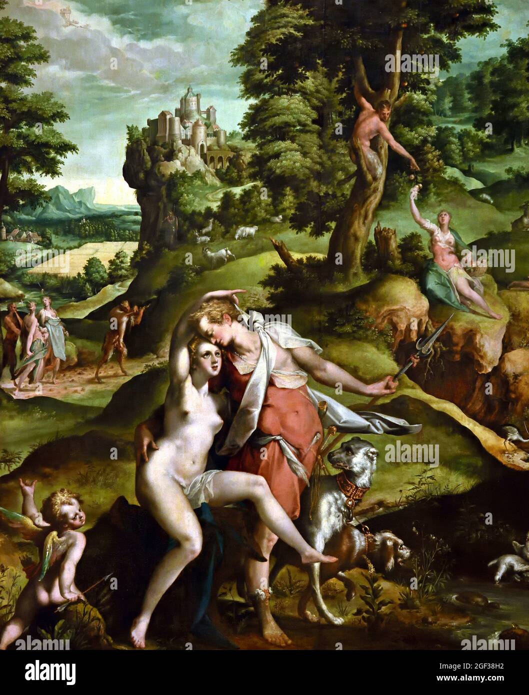 Venus en Adonist, Bartholomeus Spranger 1546-1611 Flämisch-belgisches Belgien ( Venus, die Göttin der Liebe, will ihren Geliebten Adonist nicht auf die Jagd gehen lassen. Sie hat Angst, dass ihm etwas passieren wird. Ihre Angst wird wahr: Ein Wildschwein tötet Addis. Die hohen schlanken Figuren mit kleinen Köpfen sind charakteristisch für den eleganten manieristischen Stil von Spranger. Die Landschaft ist bemerkenswert altmodisch: Sie wurde von einem Gemälde aus dem frühen 16. Jahrhundert kopiert. ) Stockfoto