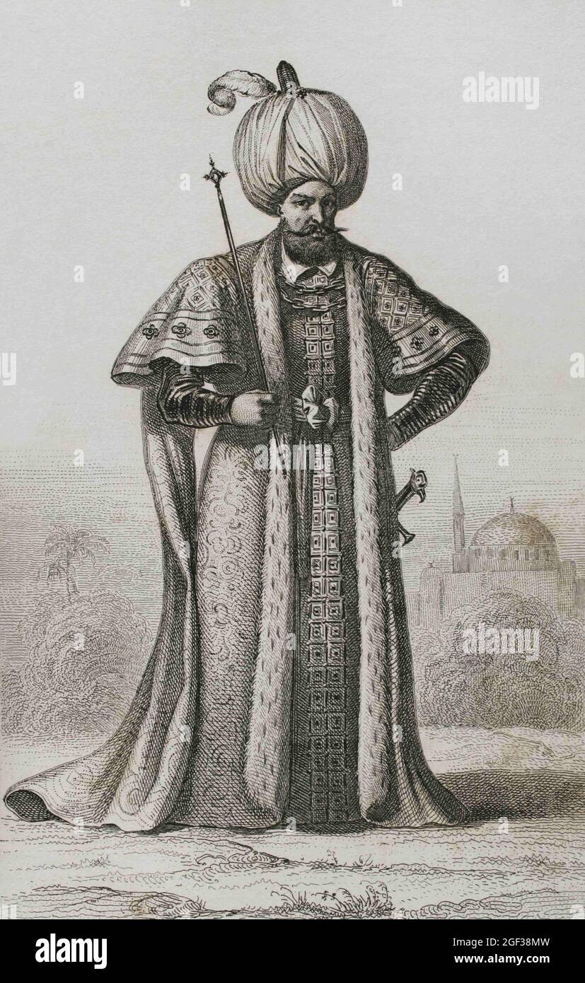 Suleyman der Magnificent (1494-1566). Sultan des Osmanischen Reiches von 1520 bis 1566. Gravur von Lemaitre und Masson. Historia de Turquia von Joseph Stockfoto