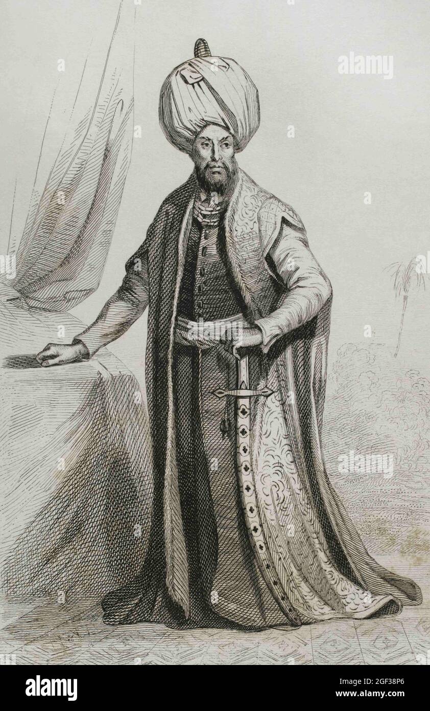 Selim II. (1524-1574). Auch bekannt als Selim der Blonde oder Selim, den er getrunken hat. Osmanischer Sultan aus dem Jahr 1566. Engraing von Lemaitre, Masson und Lesueur. Historia de Stockfoto