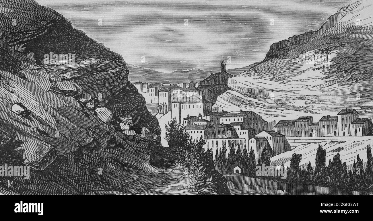 Spanien, Aragon, Provinz Teruel, Albarracin. Gesamtansicht des Dorfes. Gravur von Sierra. Cronica General de España, Historia Ilustrada y descript Stockfoto