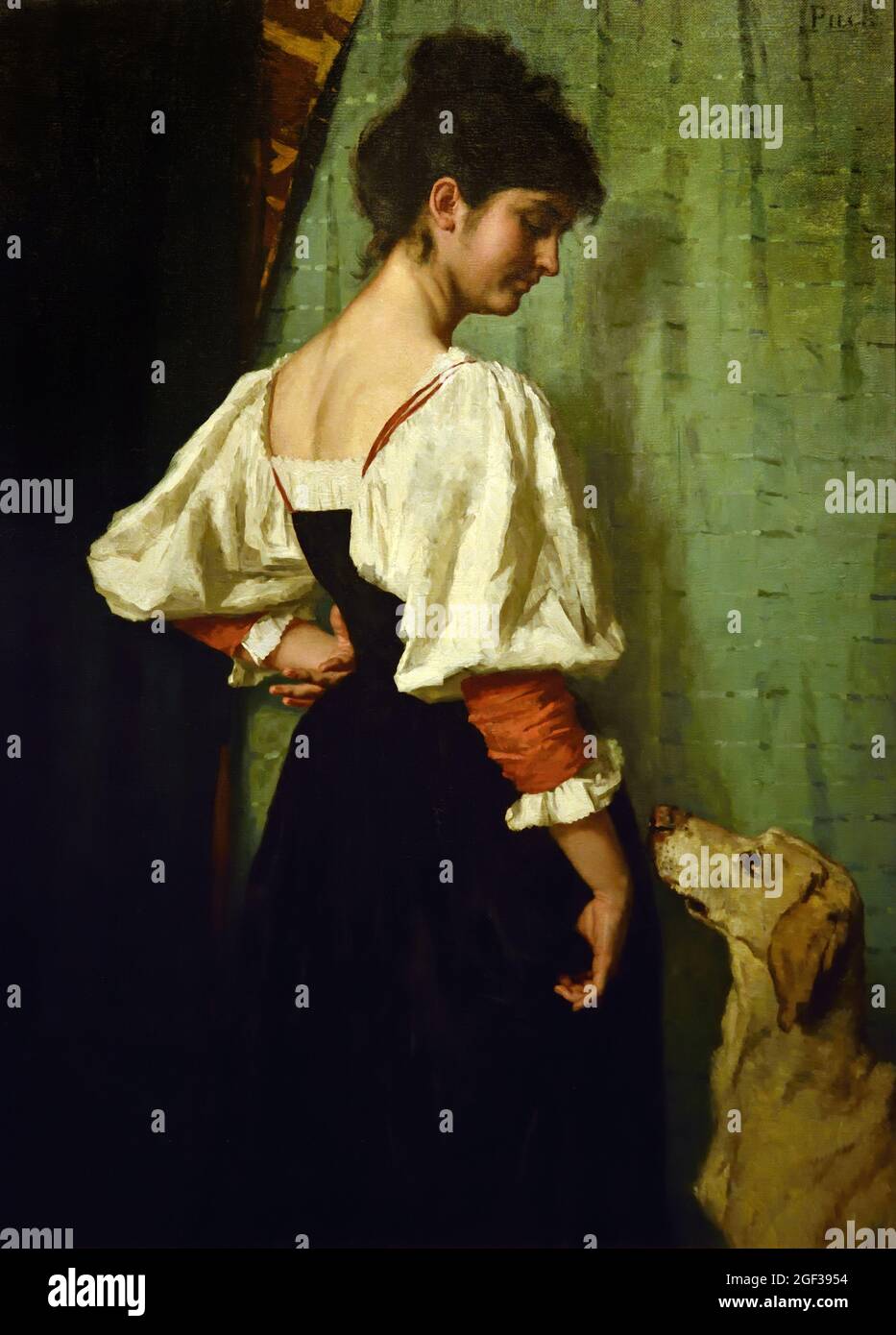 Porträt einer jungen Frau mit dem Hund Puck, Thérèse Schwartze, c. 1879 - c. 1885 Niederländisch, Niederlande. Öl auf Leinwand, 144 × 103cm . Thérèse Schwartze malte dieses Modell in italienischem Kostüm in ihrem Pariser Atelier. Sie tauscht sich einen Blick mit dem Hund Puck zu ihrer Rechten aus. Die verschiedenen reichen Stoffe ihres Kleides sind gut aufgenommen. Für eine junge Niederländerin war die Arbeit in Paris damals genauso unkonventionell wie die berufliche Künstlerlaufbahn. Stockfoto