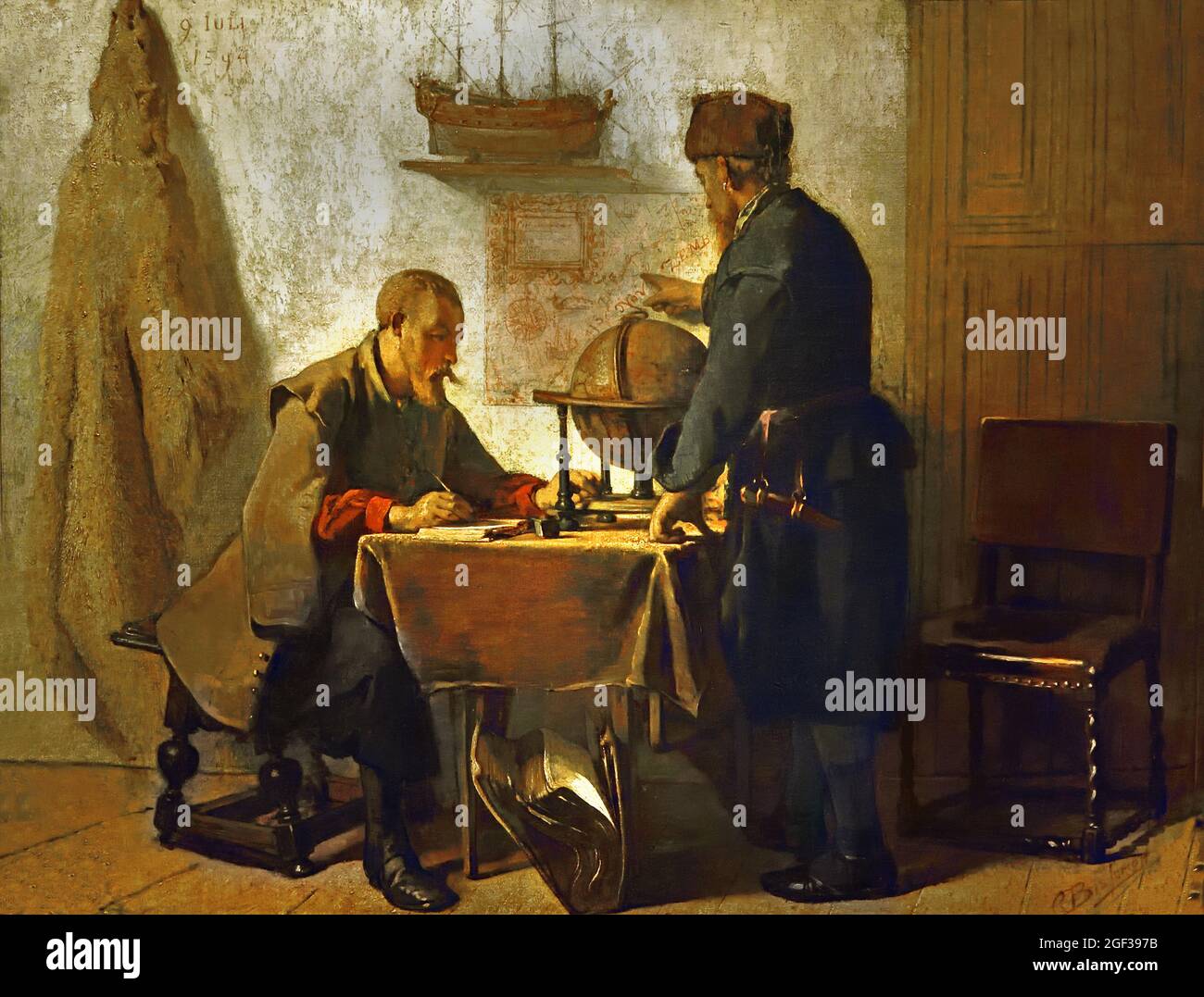 Gemälde von Willem Barents und Jacob van Heemskerk, die ihre Route planen, 1596. Holländischer Seefahrer, der 1594, 1595 und 1596-1597 Expeditionen auf der Suche nach einer Nordostpassage nach Asien führte. Keiner der Expeditionen gelang es, eine offene Route in den Fernen Osten zu finden, die dritte Reise Barents' Schiff wurde im Eis gefangen, was die Besatzung zwang, über den Winter in der Arktis zu bleiben. Das Schiff wurde nicht so schnell wie erwartet im Frühjahr vom Eis entlassen, und die Besatzung floh in offenen Booten und machte sich am 13. Juni 1597 auf den Weg. Die meisten kehrten sicher nach Hause zurück, Nowaja Semlja Barentsz starb auf der Rückreise i Stockfoto