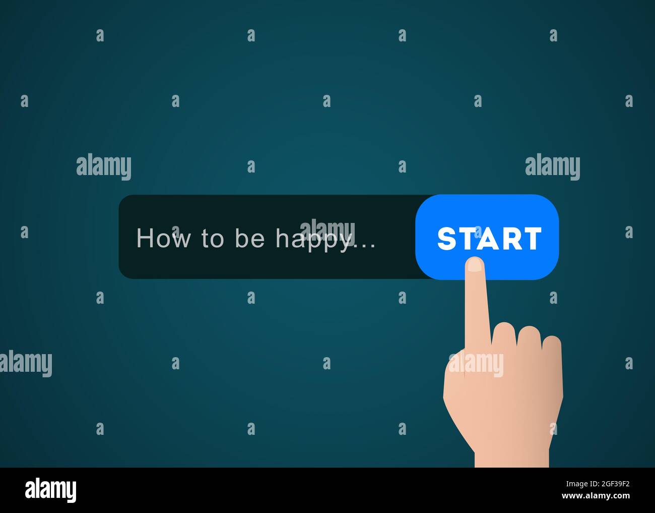 Wie glücklich zu sein. Hand drücken Start-Taste und Suche Online-Tipps, Beratung und Anleitung zum Glück. Konzeptionelle kreative Idee. Stockfoto