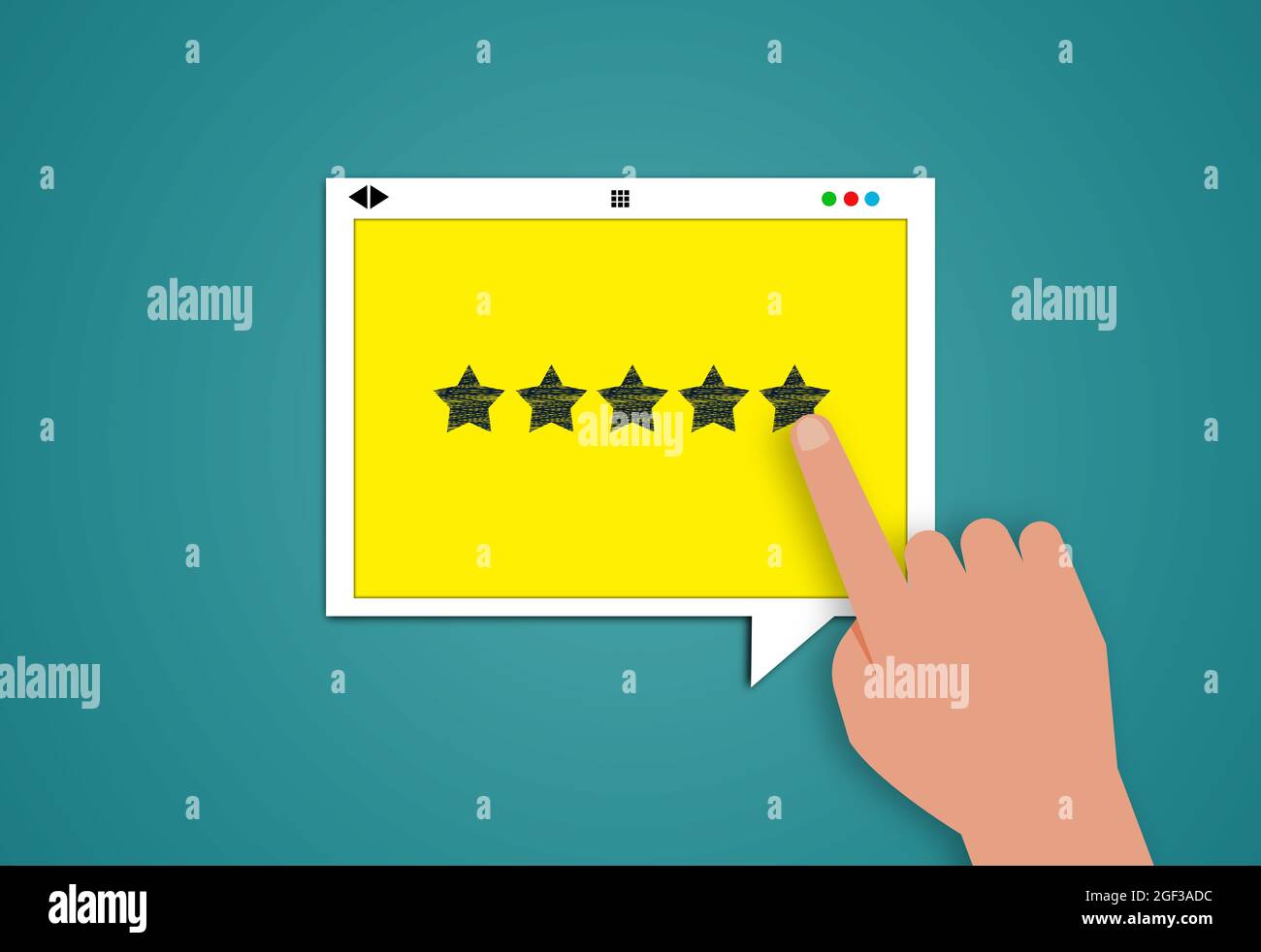 Handzeichnung fünf Sterne Bewertung auf gelben Sprechblase Bildschirm. Online Customer Review Konzept. Kunde bewertet Service mit 5 Sternen auf dem Bildschirm der Website Stockfoto
