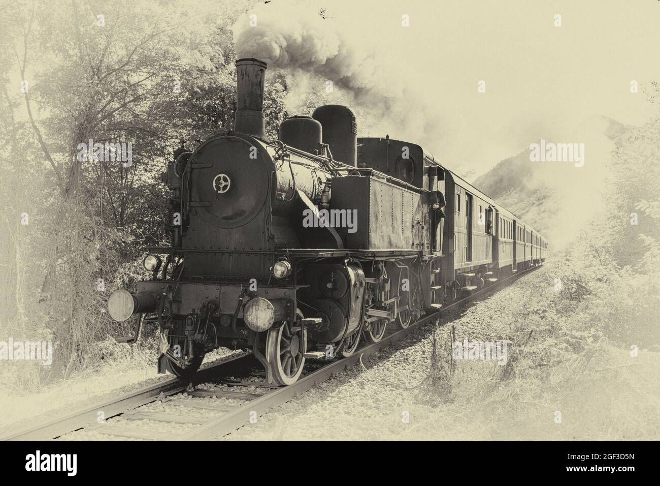 Vintage Dampfzug. Sepia getöntes altes Foto, Daguerreotyp. Stockfoto