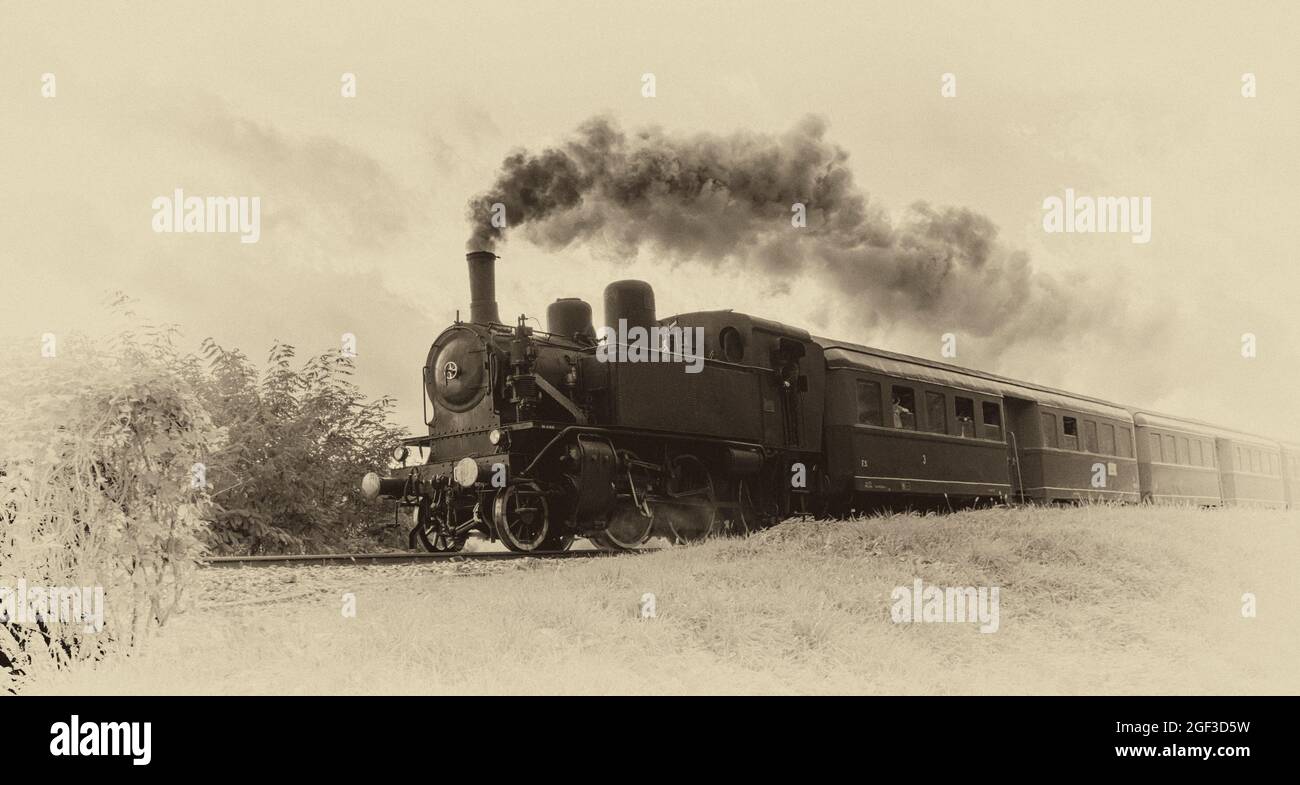 Vintage Dampfzug. Sepia getöntes altes Foto, Daguerreotyp. Stockfoto