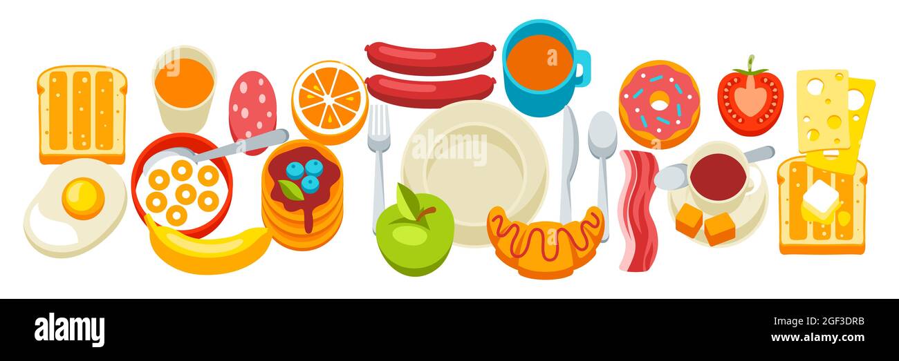 Gesundes Frühstück Hintergrund. Verschiedene Speisen und Getränke. Illustration für Cafés, Restaurants und Hotels. Stock Vektor