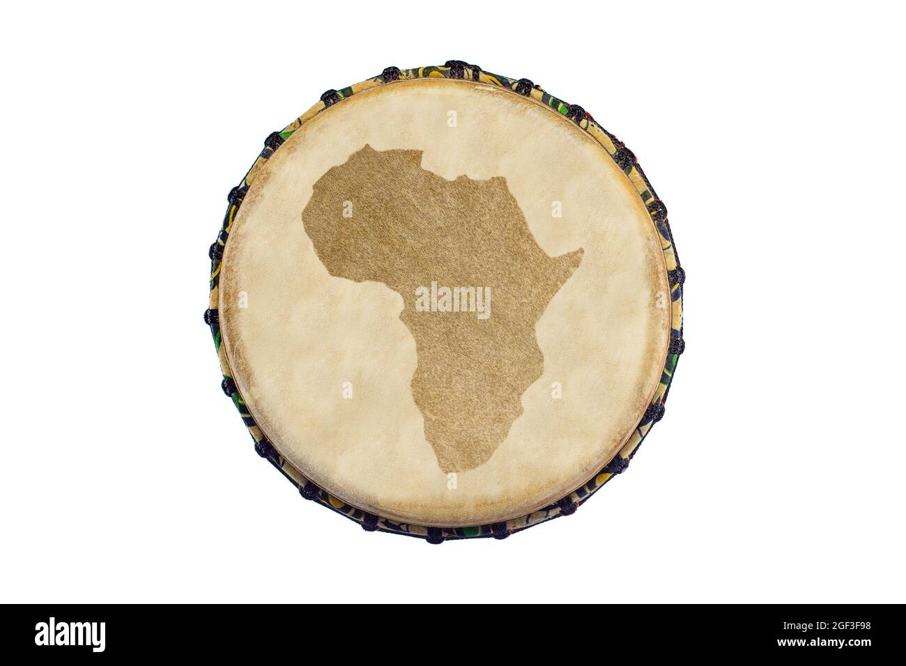 Draufsicht auf eine afrikanische traditionelle Djembe mit afrika Kontinent Silhouette auf weißem Hintergrund Stockfoto