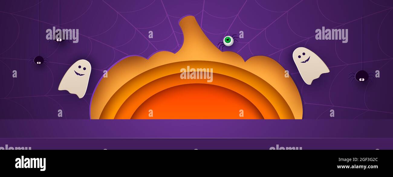 Halloween Kürbis Hintergrund-Design mit lila Podium Produktdisplay. Spinnen und freundliche Geister. 3d Paper Art abstrakte minimale geometrische Form Stock Vektor