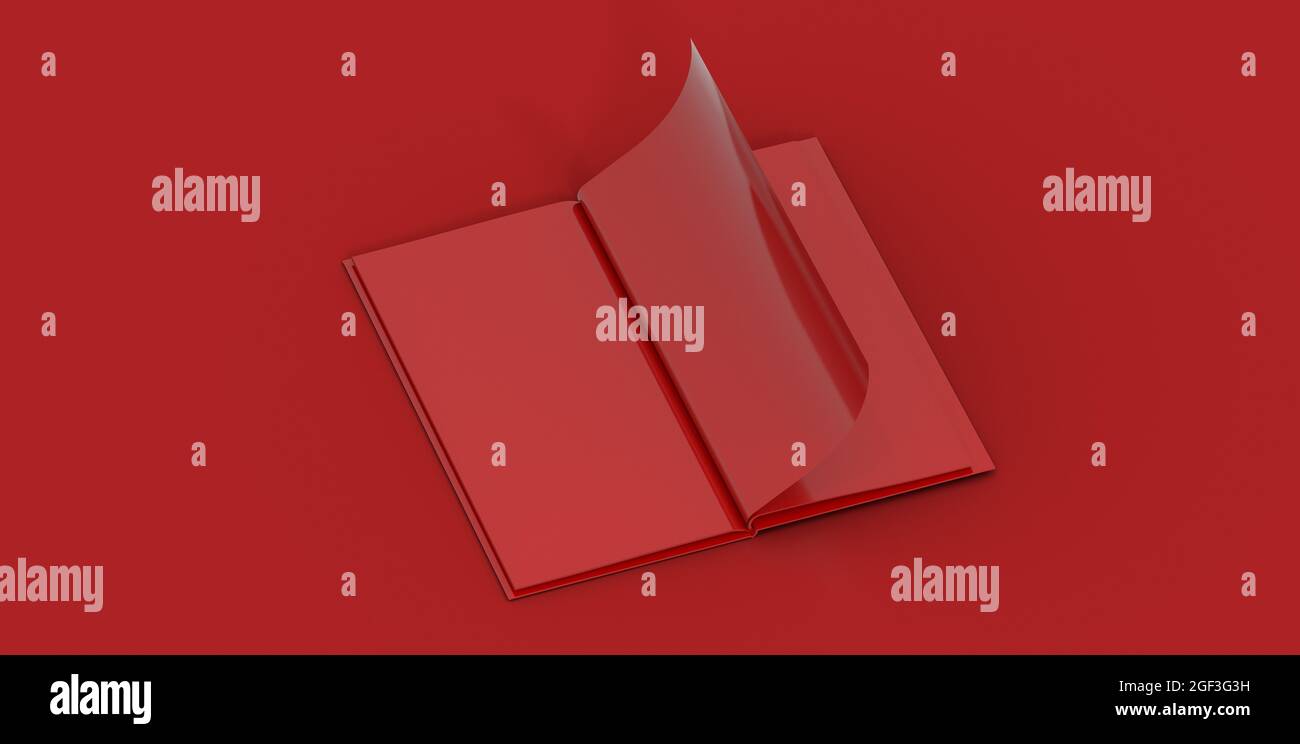 3D-Illustration Nachbildung eines Softcover-Buches auf rotem Hintergrund Stockfoto