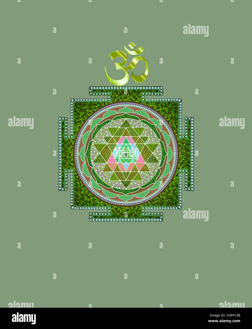 Spiritueller Hintergrund für die Meditation mit sri-yantra und om-Symbol isoliert in Farbe Hintergrund Stockfoto