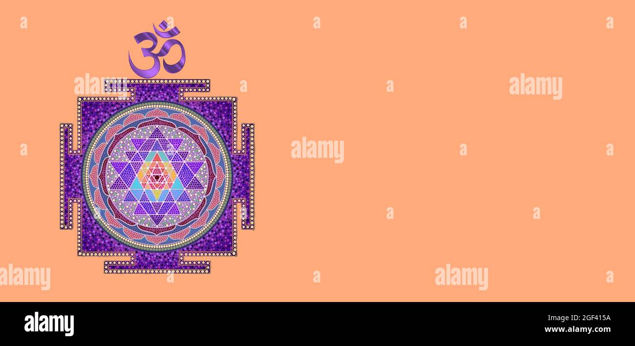 Spiritueller Hintergrund für die Meditation mit sri-yantra und om-Symbol isoliert in Farbe Hintergrund Stockfoto