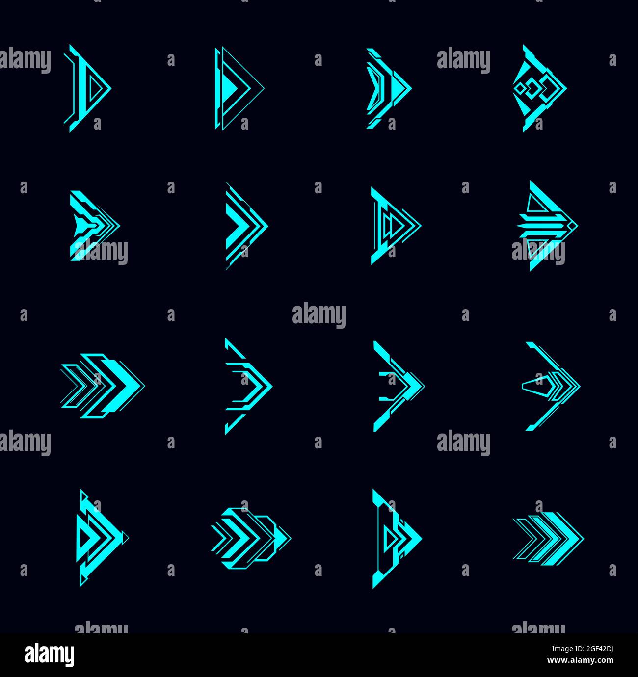 HUD-Pfeile, futuristische Navigationspunkte, Sci Fi UI-Schnittstelle. Digitale Vektorelemente im Techno-Stil. Neon leuchtende Tasten für Computerspiele oder App m. Stock Vektor