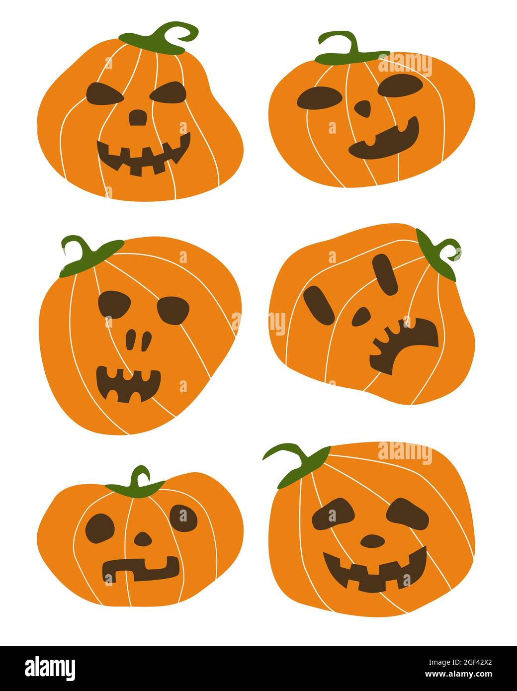 Set von einfachen Formen Halloween Farbe Kürbisse. Flache Art unheimlich Angst orange Kürbisse mit dunklen Augen und Mund Vektor-Illustration Stock Vektor