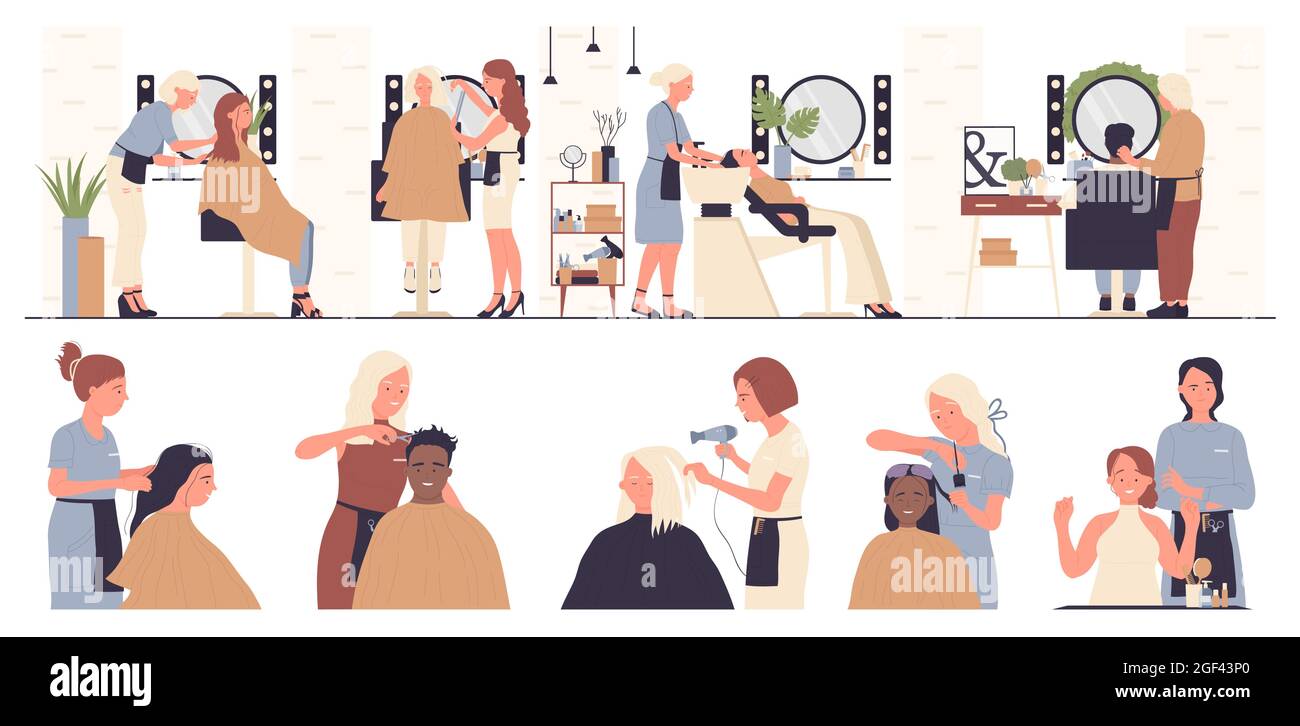 Friseur arbeitet mit Menschen Client in Schönheitssalon Vektor Illustration Set. Cartoon-Kosmetikerin Friseur Stylistin Charakter mit Schere oder Haartrockner machen Haarschnitt, Friseur isoliert auf weiß Stock Vektor