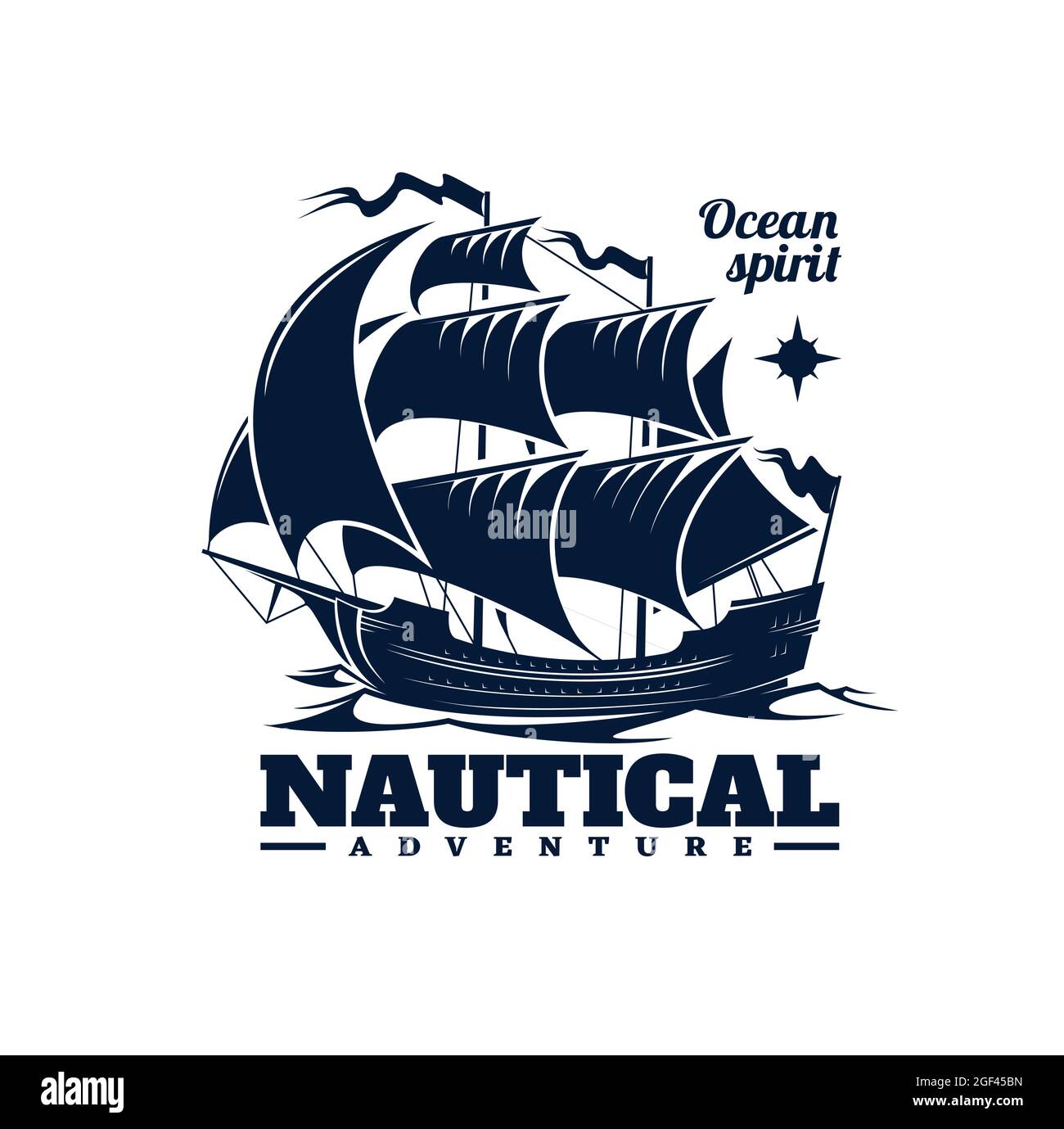 Symbol des Segelschiffs. Nautisches Abenteuer, monochromes Vektoremblem mit mittelalterlicher Karavelle oder antikem Galeonsegelschiff im Meer. Bootstour auf dem Meer, Stock Vektor